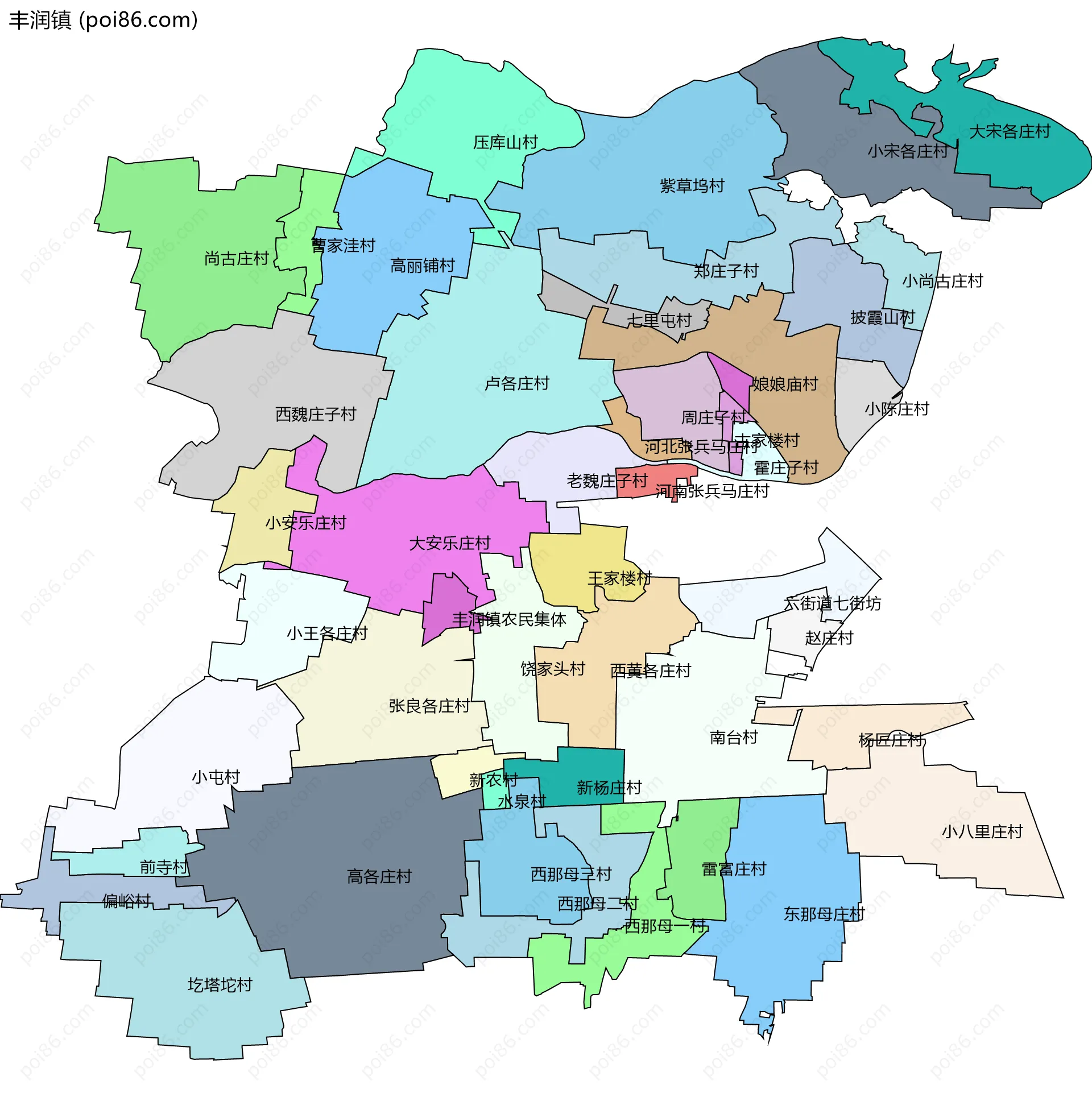 丰润镇边界地图(五级行政区划)