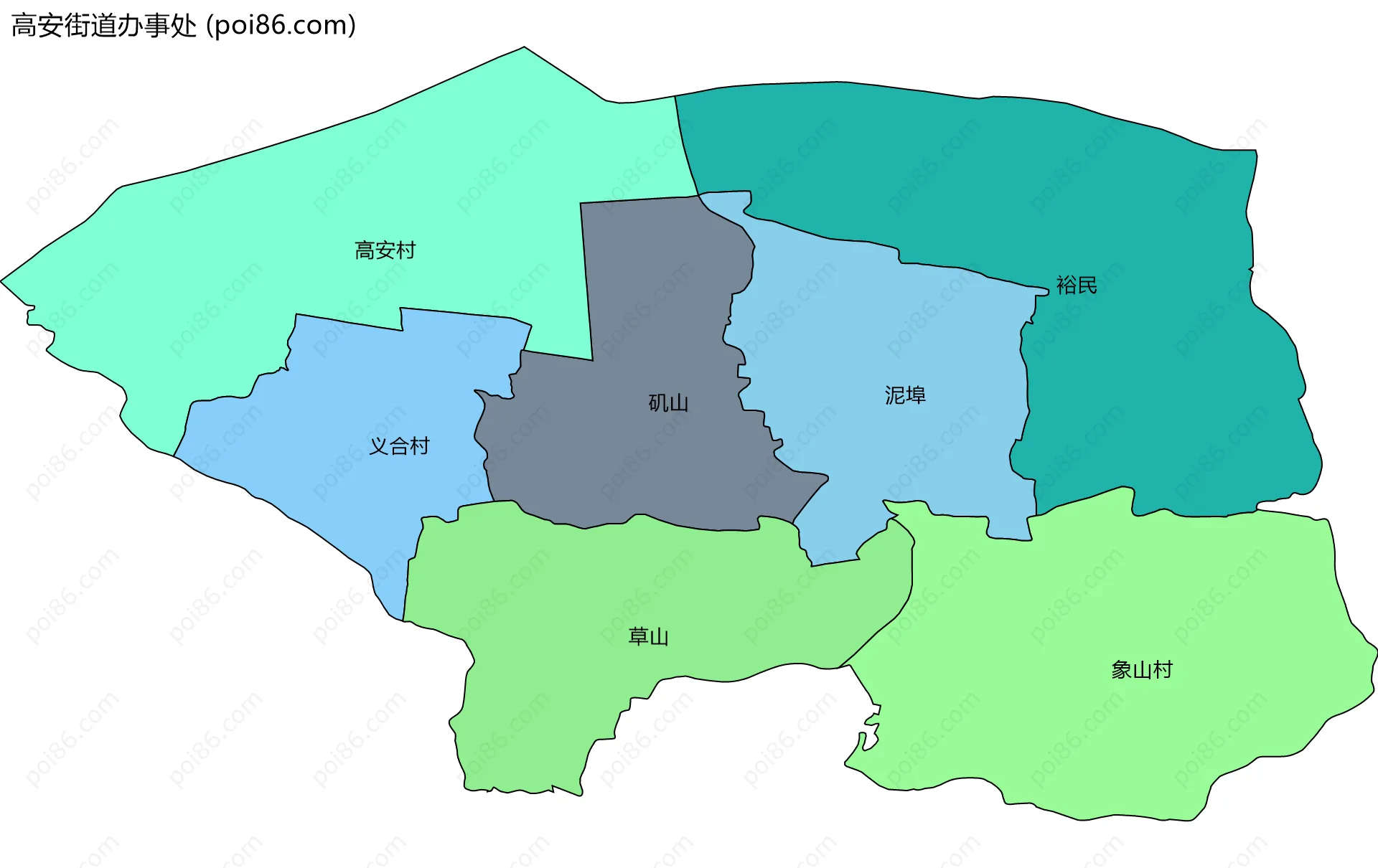 高安街道办事处边界地图(五级行政区划)
