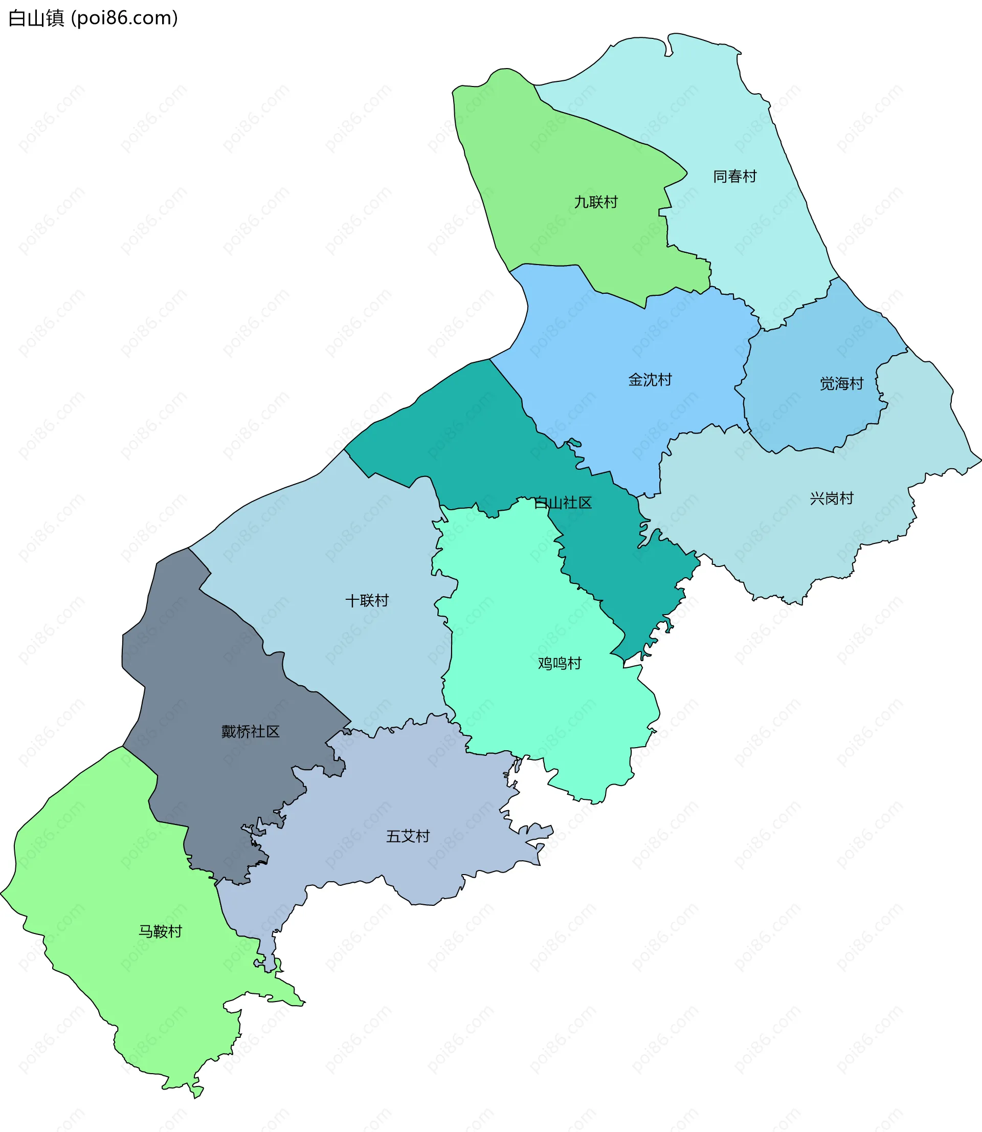 白山镇边界地图(五级行政区划)