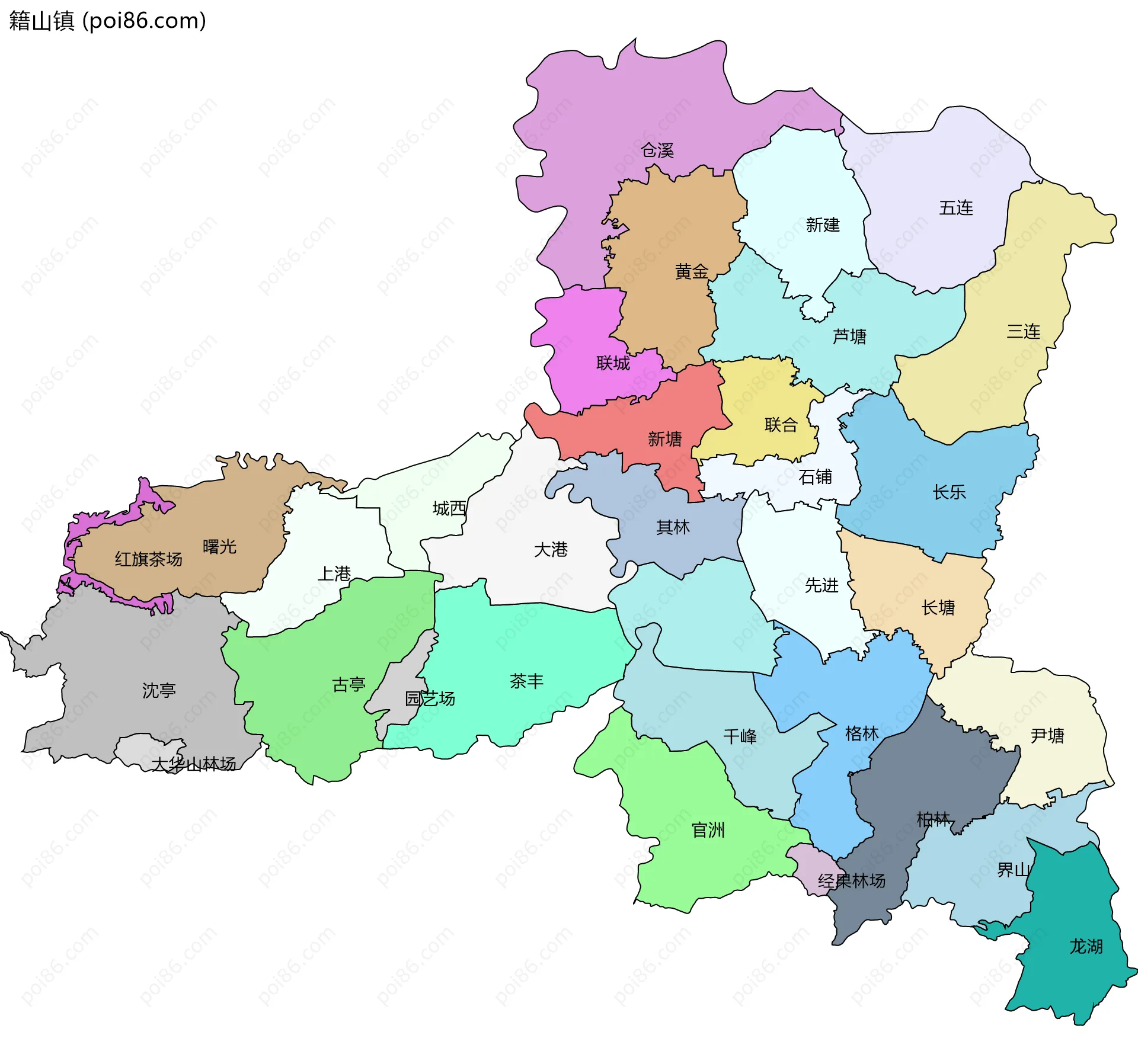 籍山镇边界地图(五级行政区划)
