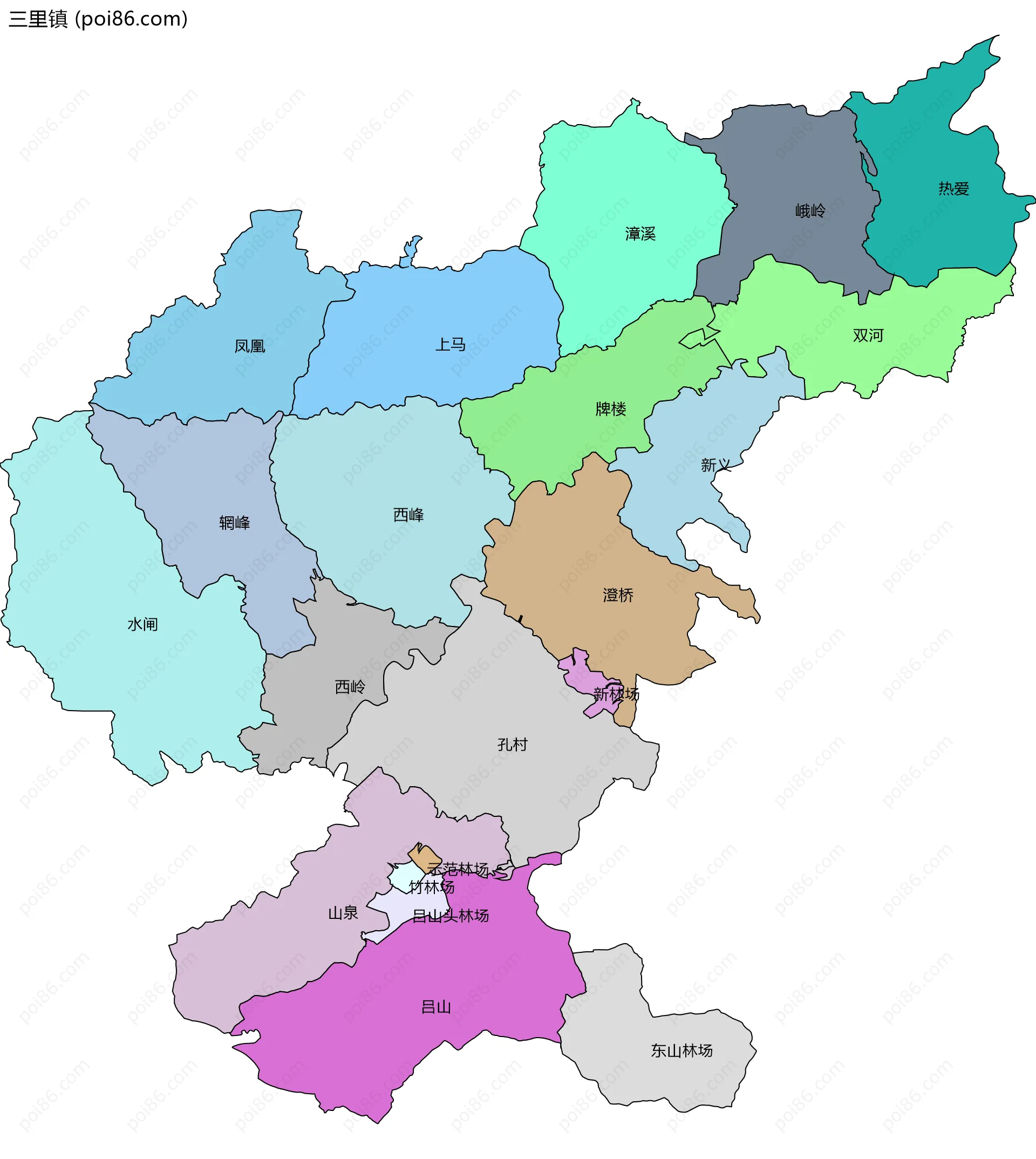 三里镇边界地图(五级行政区划)