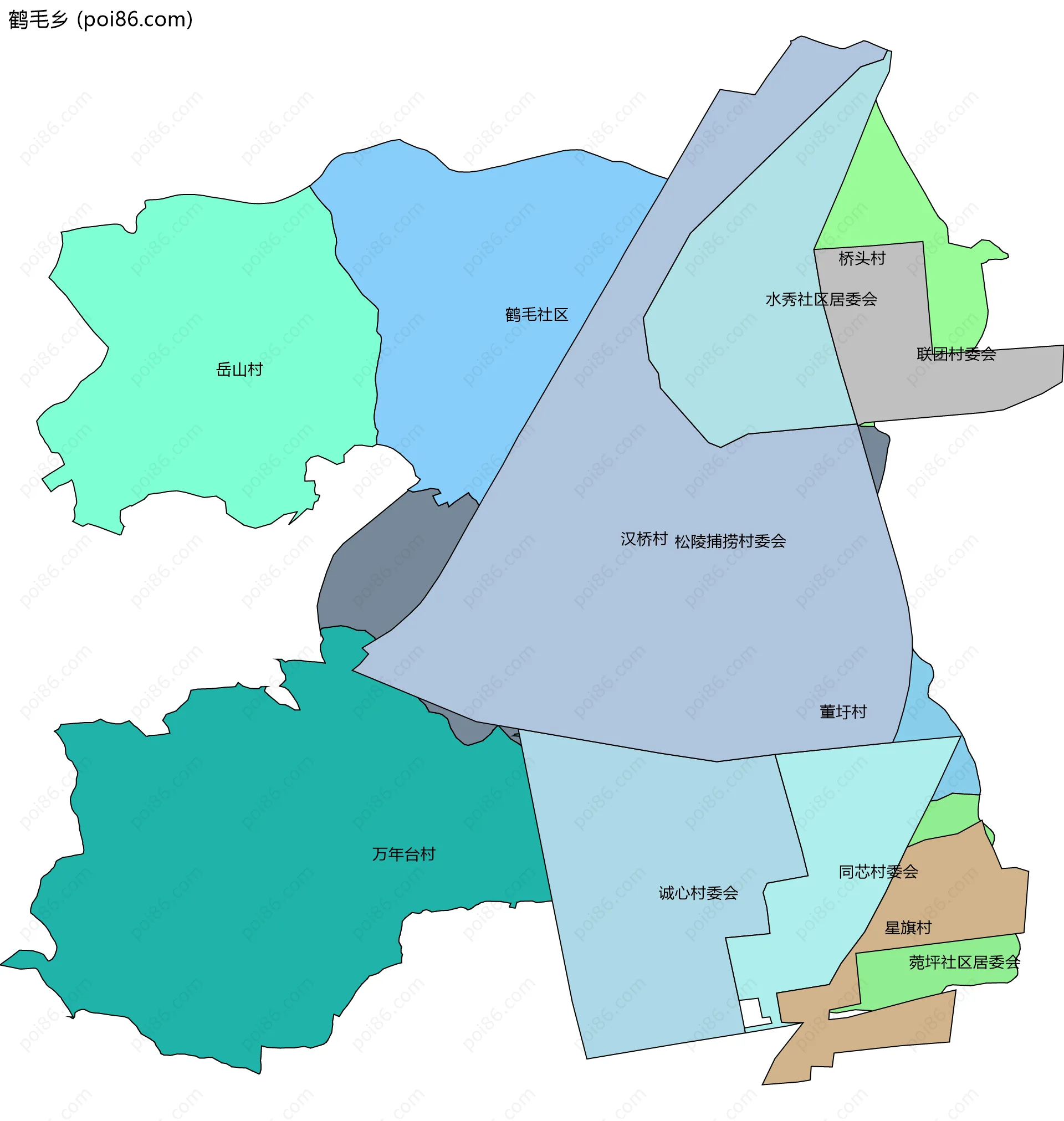 鹤毛乡边界地图(五级行政区划)