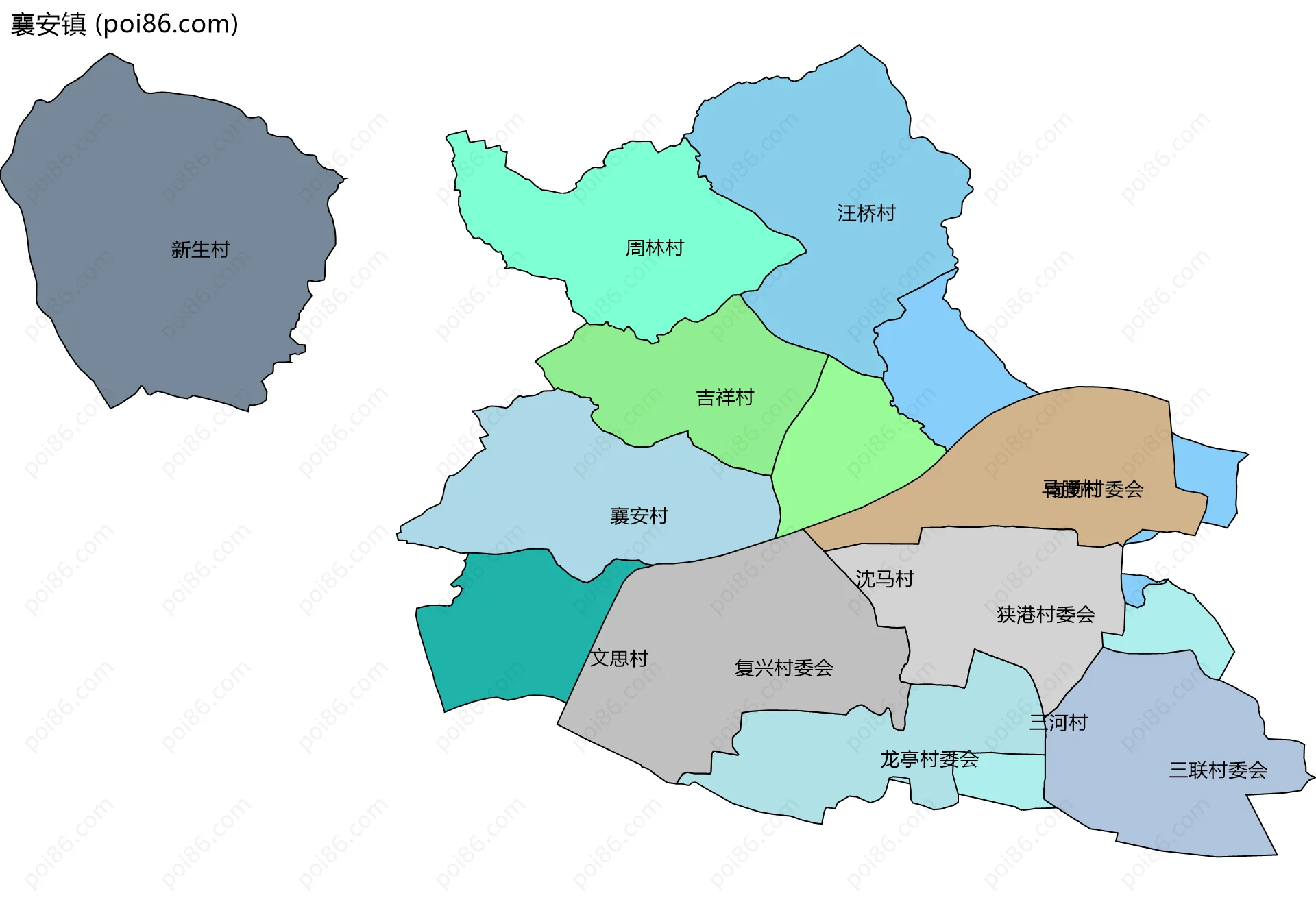 襄安镇边界地图(五级行政区划)