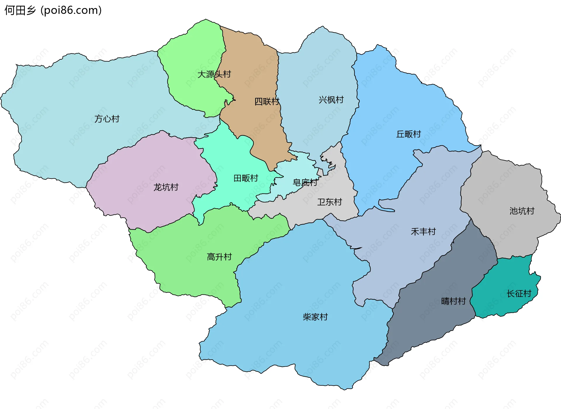 何田乡边界地图(五级行政区划)