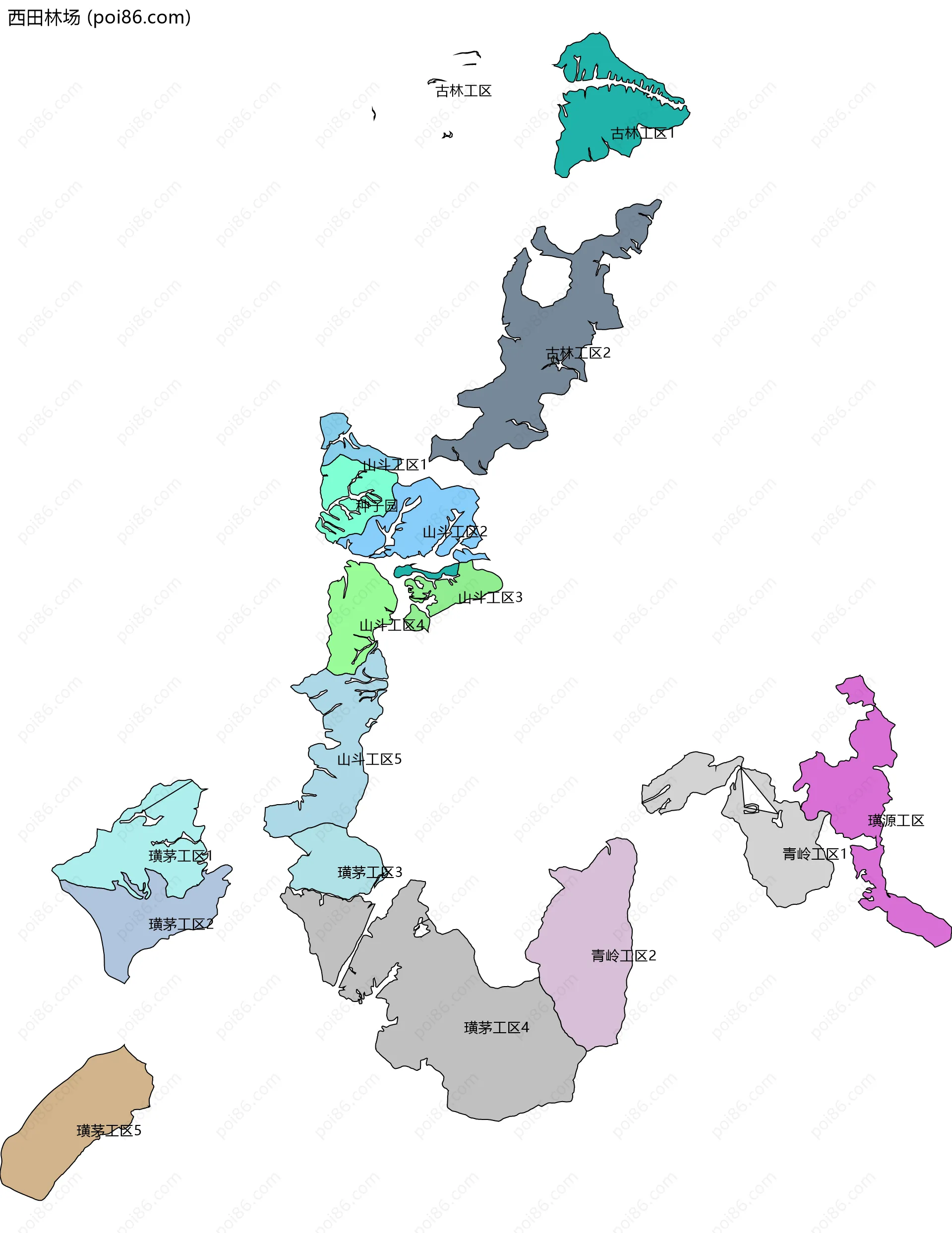西田林场边界地图(五级行政区划)