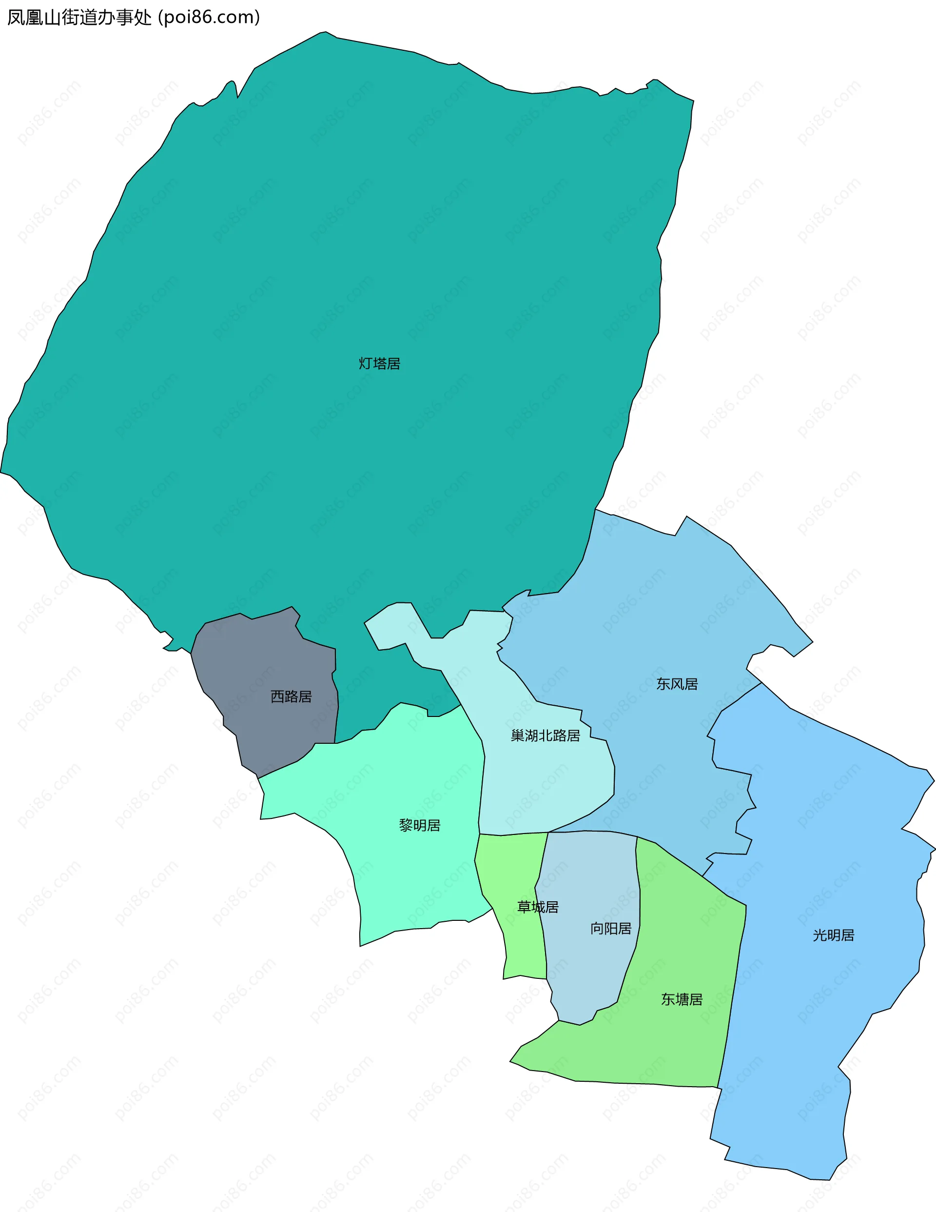 凤凰山街道办事处边界地图(五级行政区划)