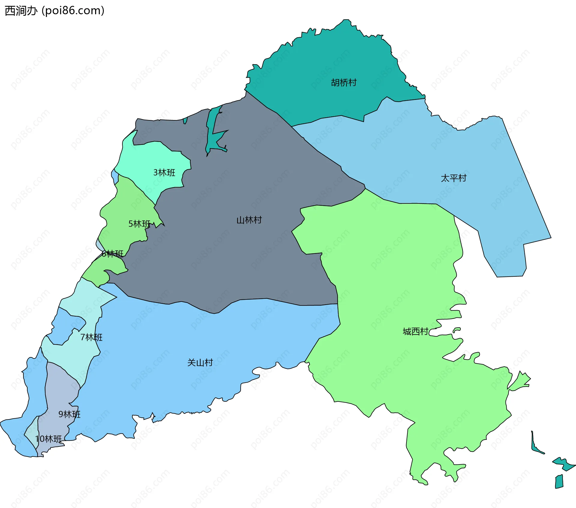 西涧办边界地图(五级行政区划)