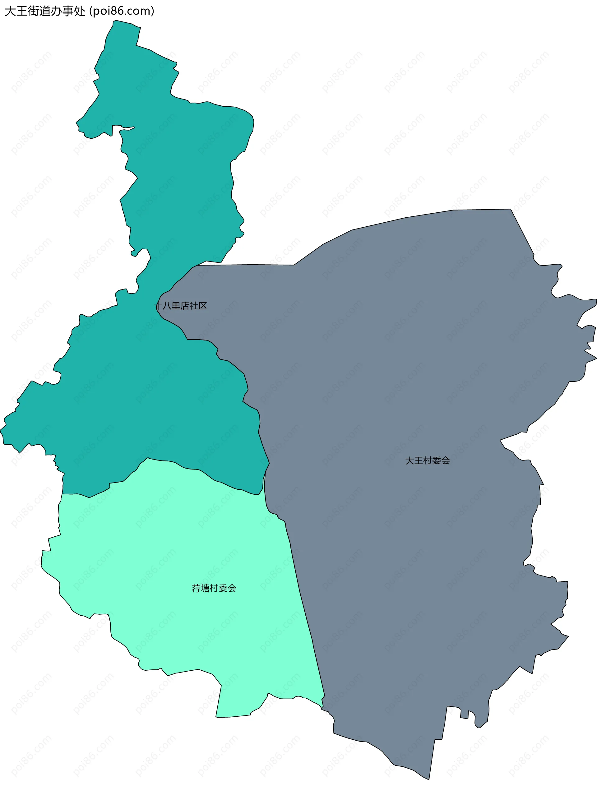 大王街道办事处边界地图(五级行政区划)