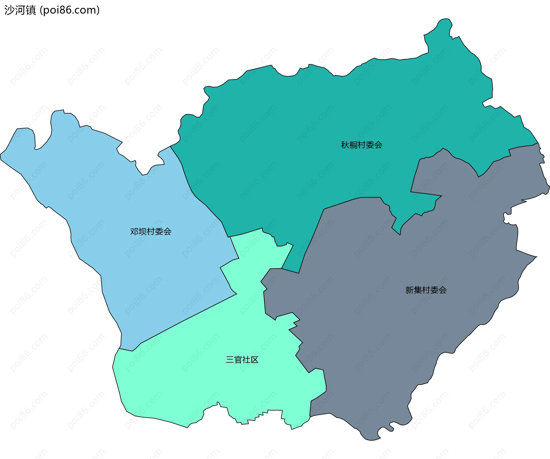 沙河镇边界地图(五级行政区划)