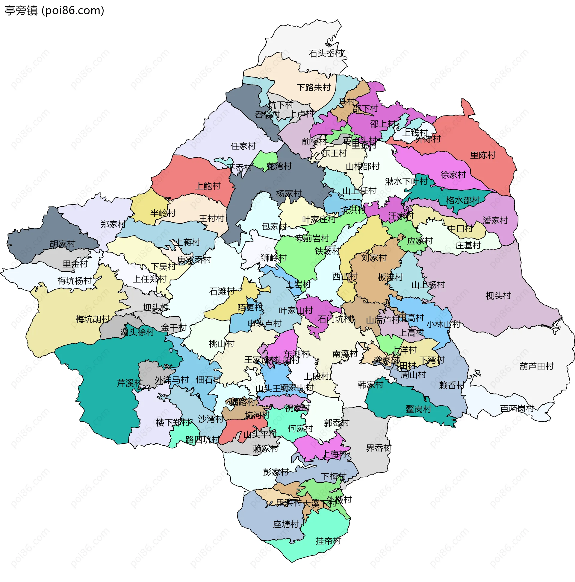 亭旁镇边界地图(五级行政区划)