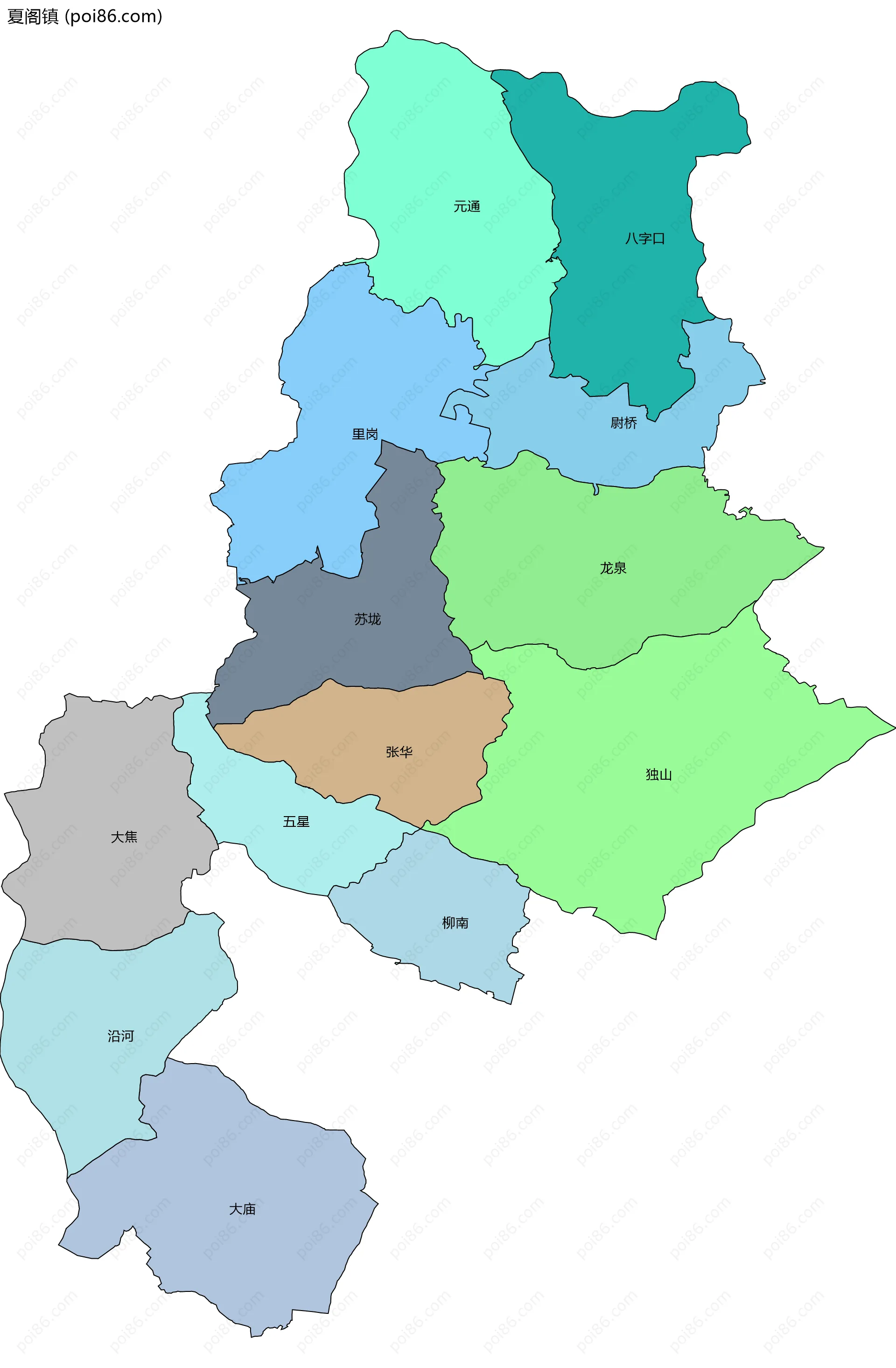 夏阁镇边界地图(五级行政区划)