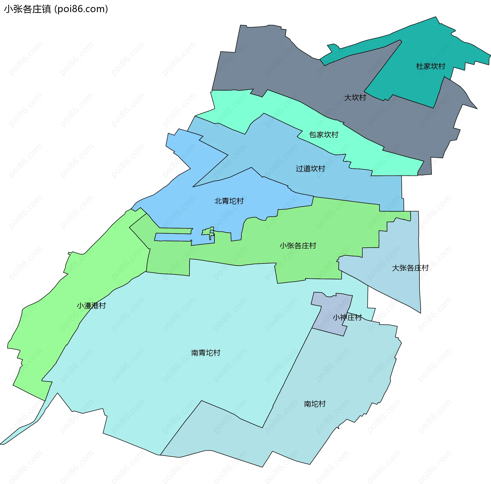 小张各庄镇边界地图(五级行政区划)