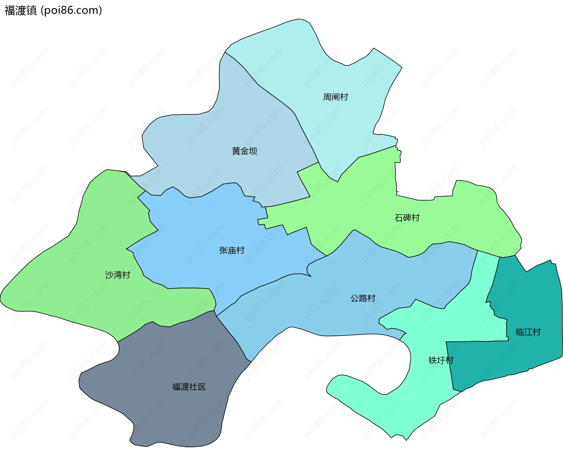 福渡镇边界地图(五级行政区划)