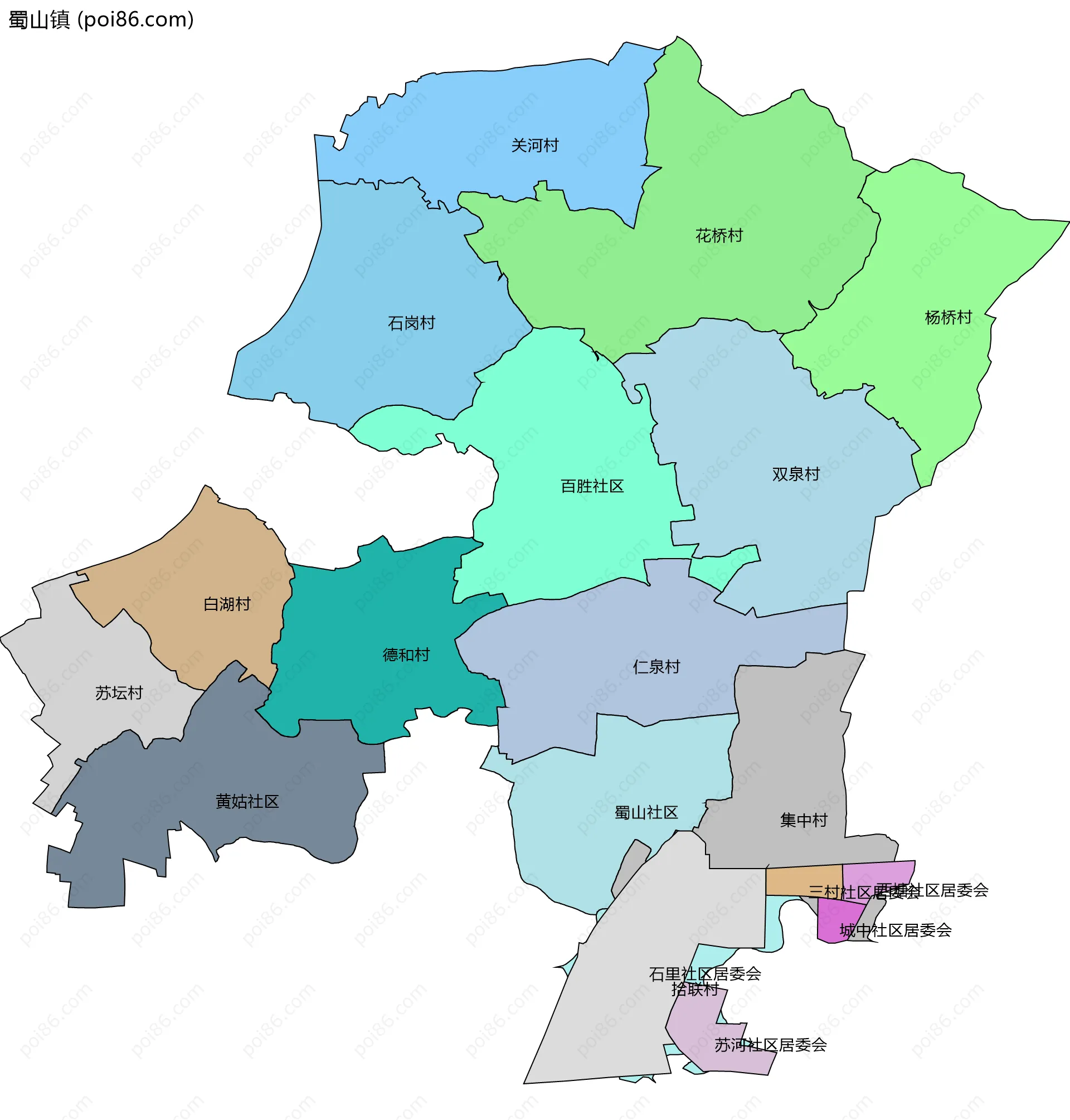蜀山镇边界地图(五级行政区划)