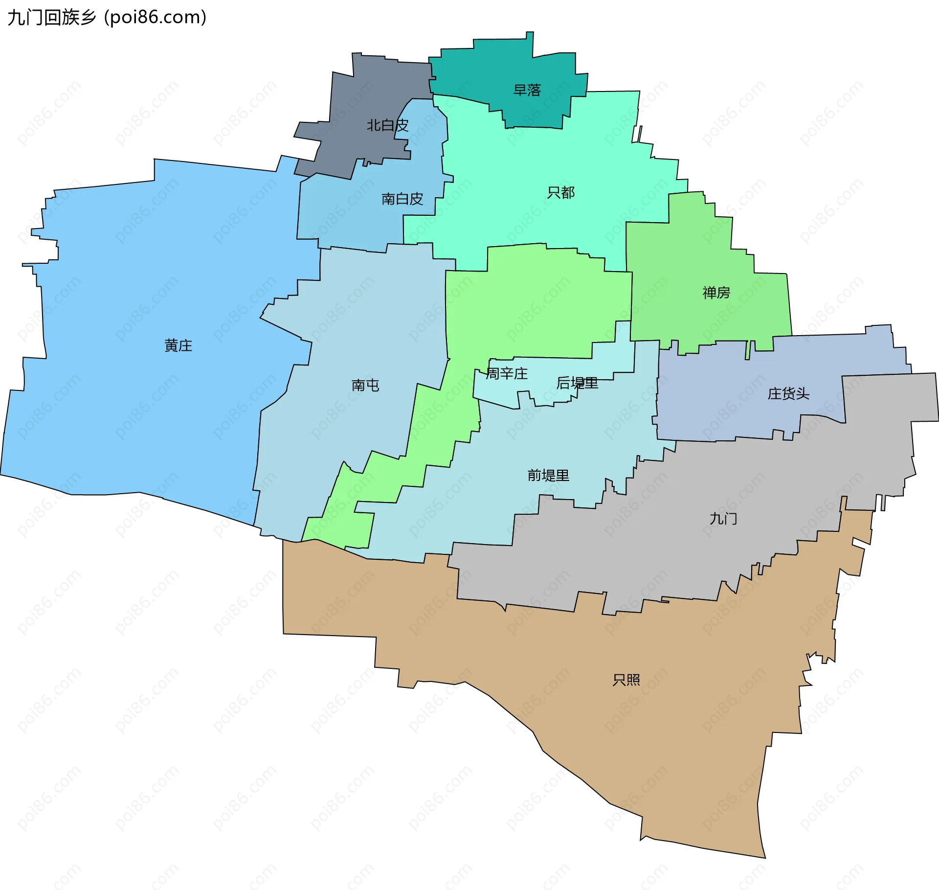 九门回族乡边界地图(五级行政区划)
