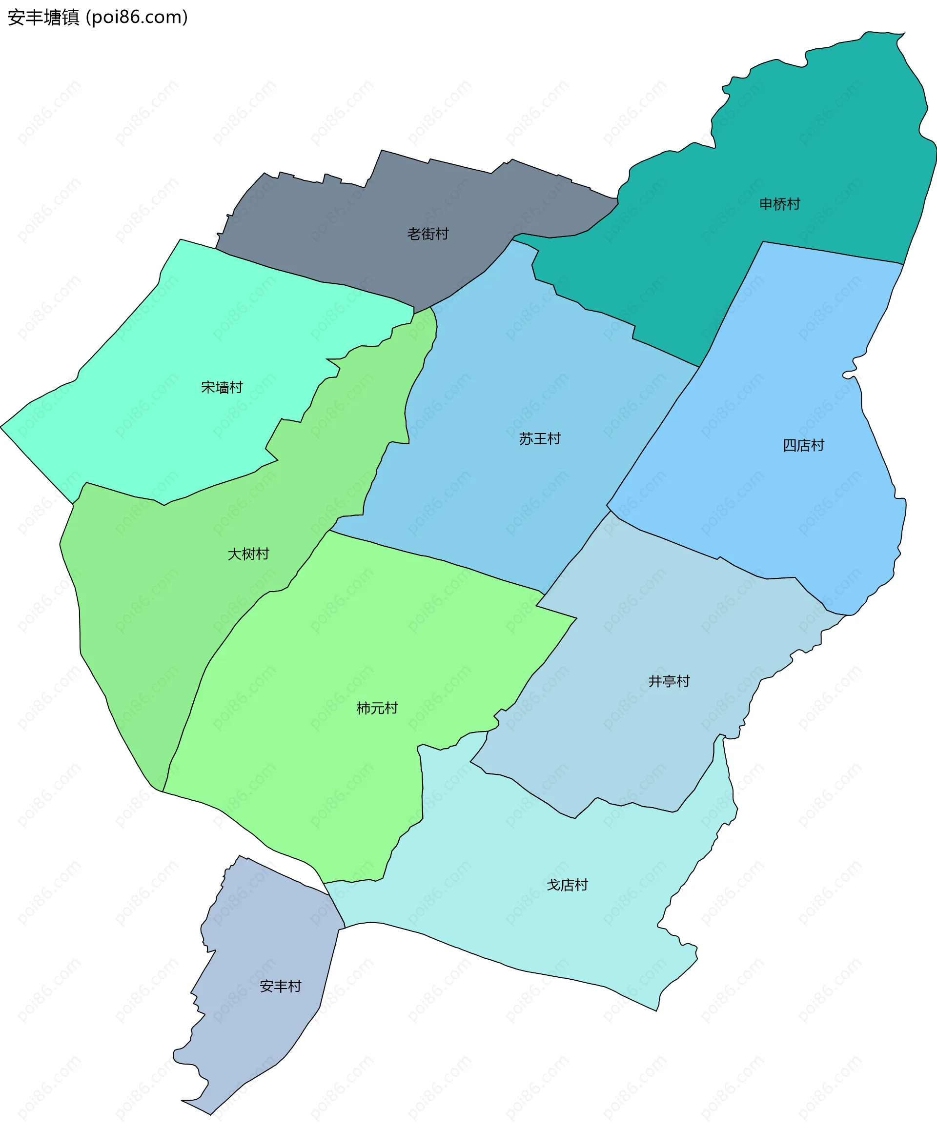 安丰塘镇边界地图(五级行政区划)