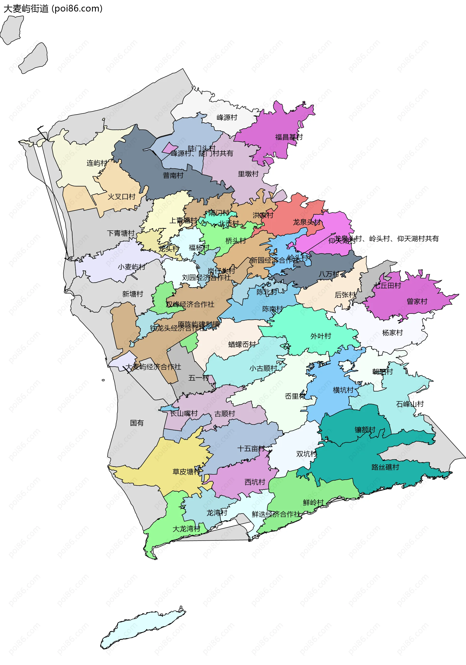 大麦屿街道边界地图(五级行政区划)