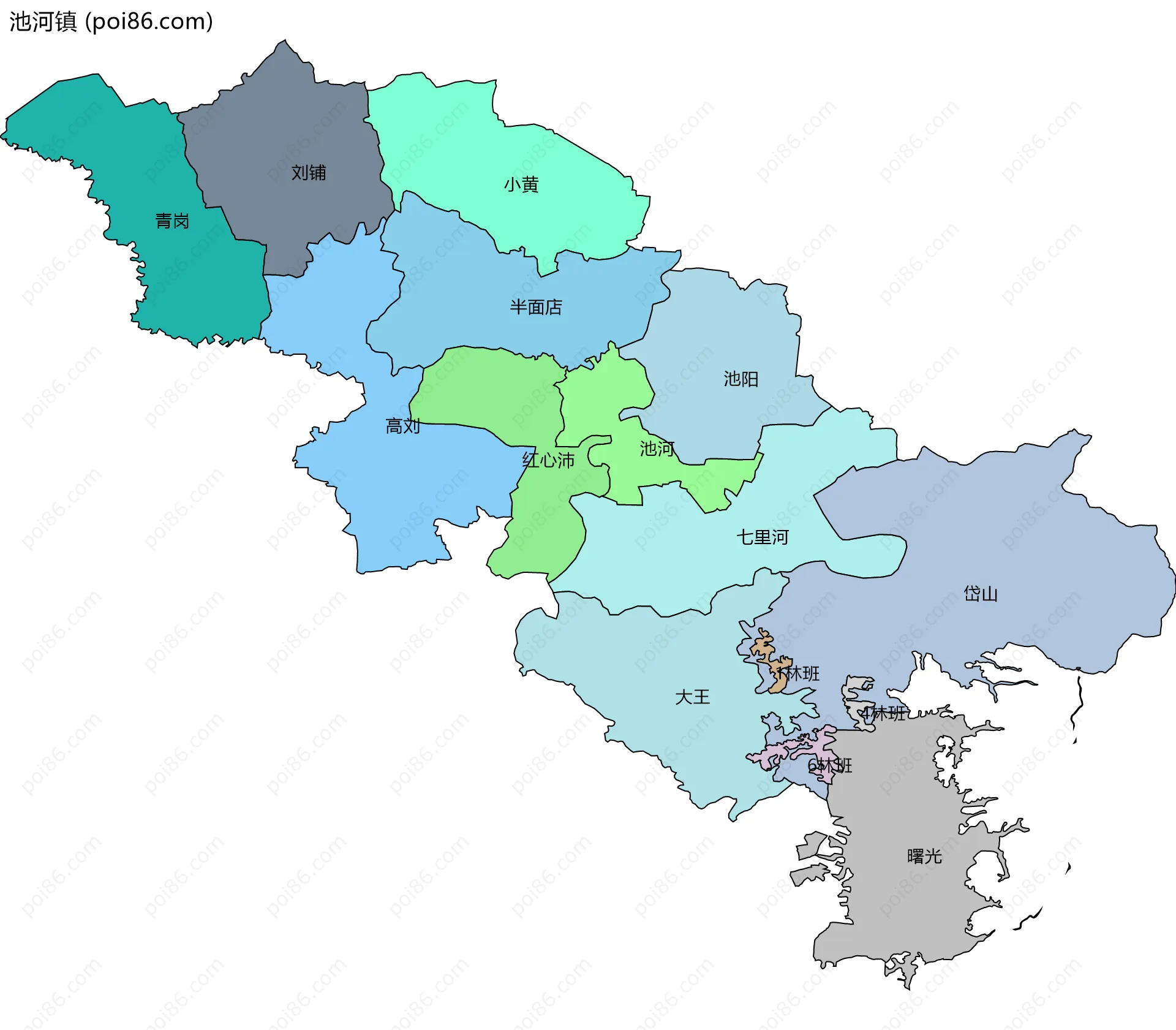 池河镇边界地图(五级行政区划)