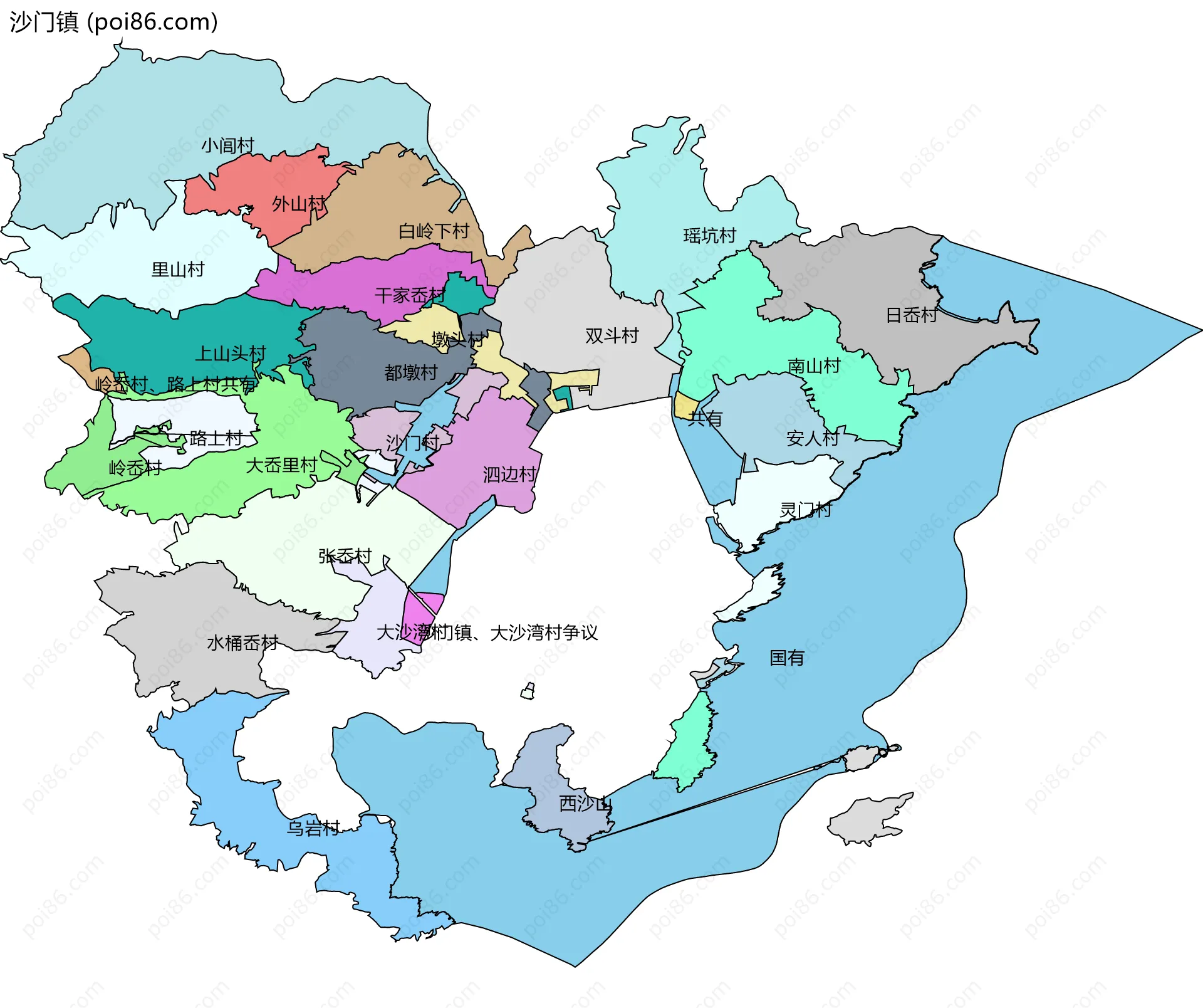 沙门镇边界地图(五级行政区划)
