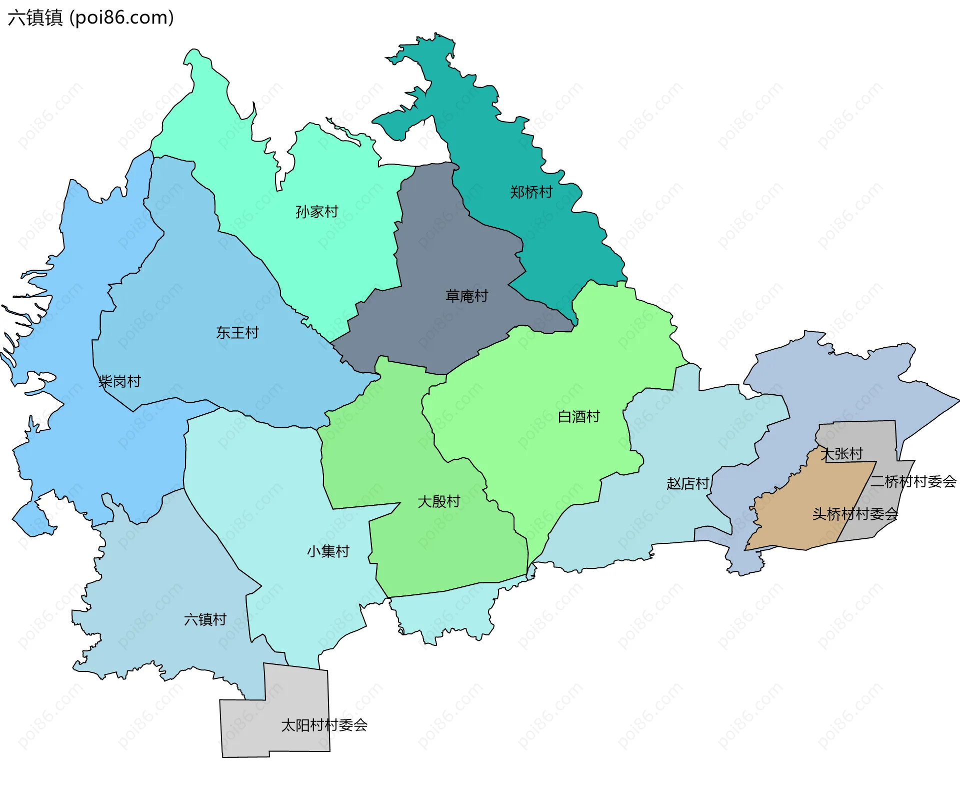 六镇镇边界地图(五级行政区划)