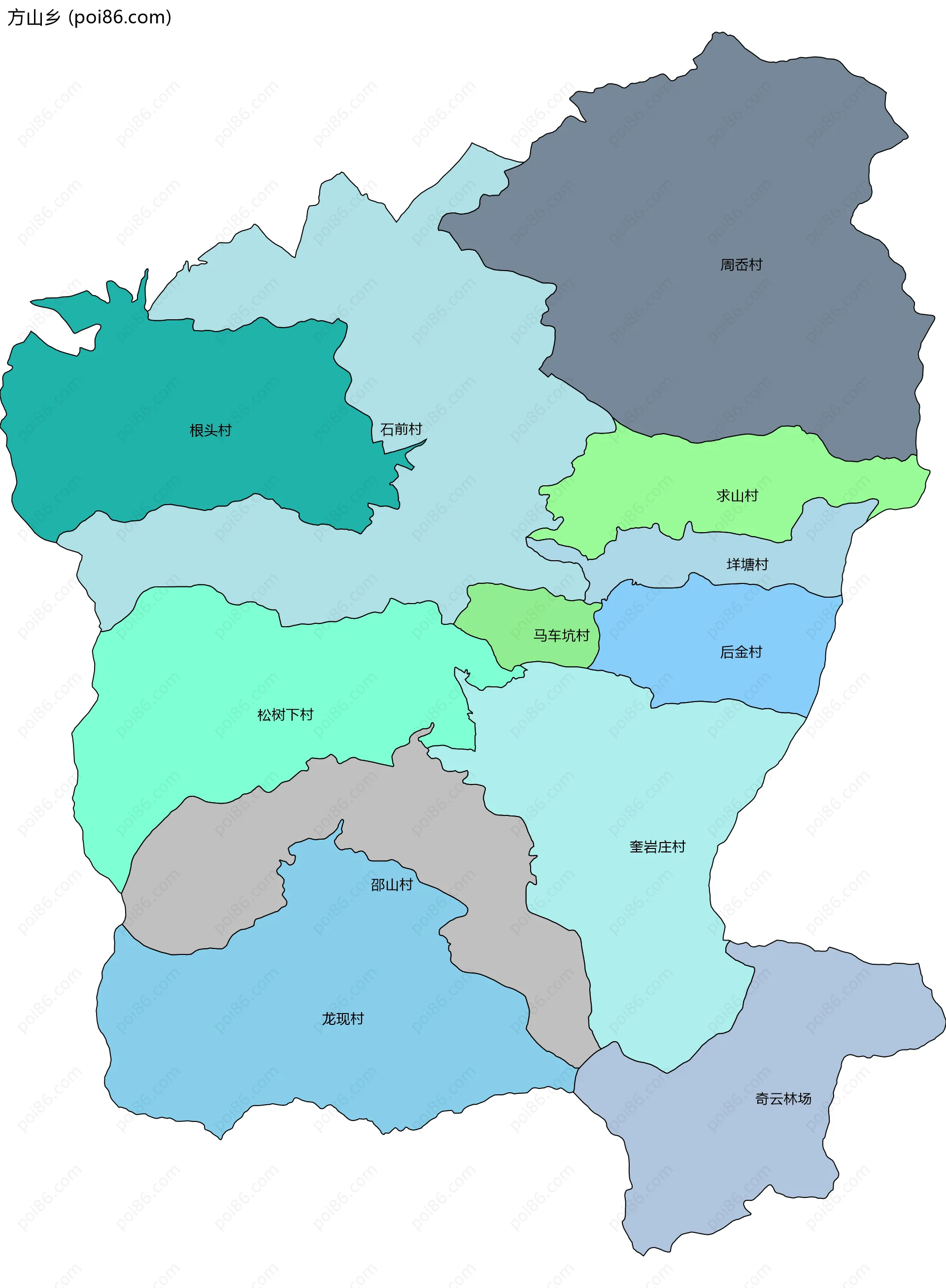 方山乡边界地图(五级行政区划)