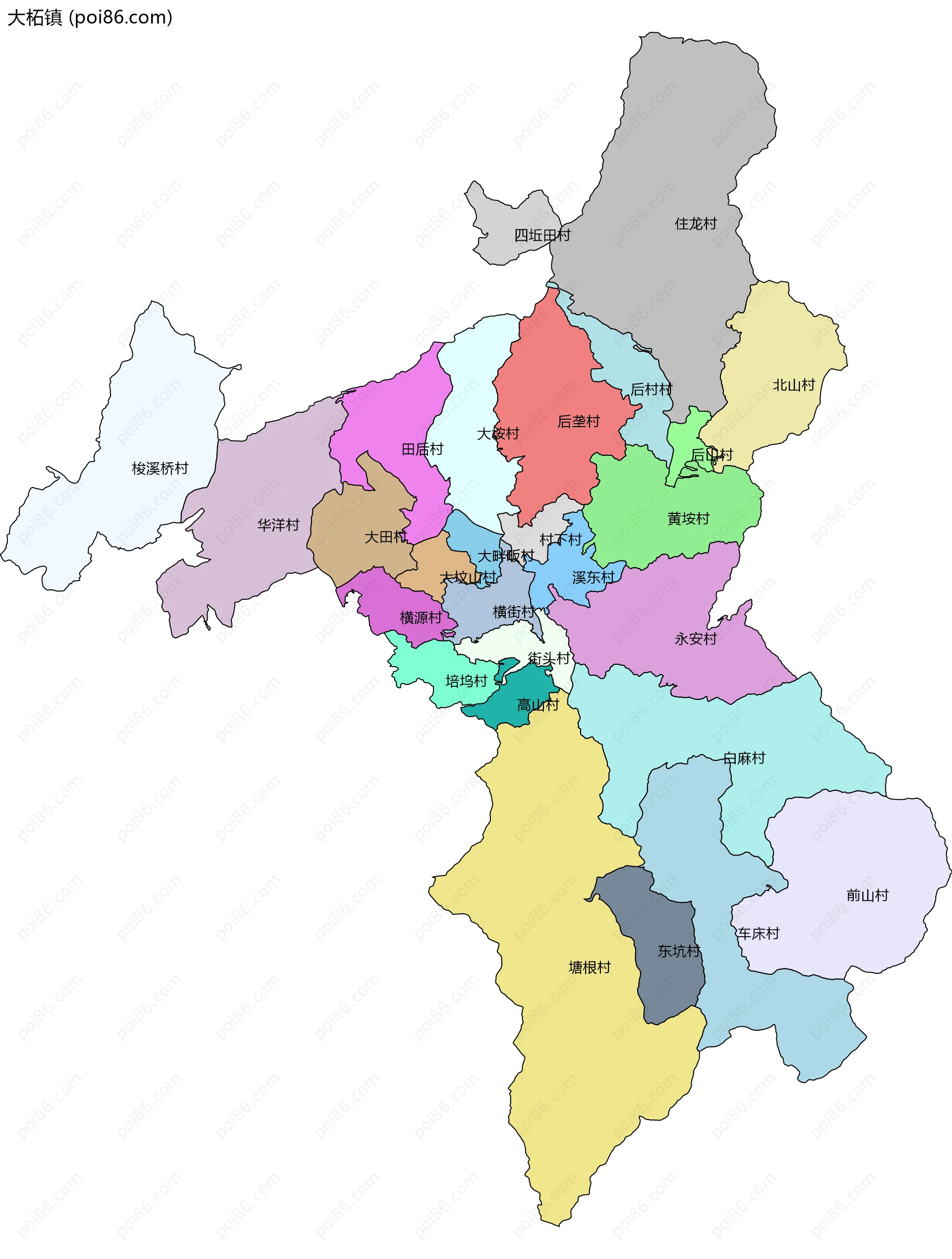 大柘镇边界地图(五级行政区划)