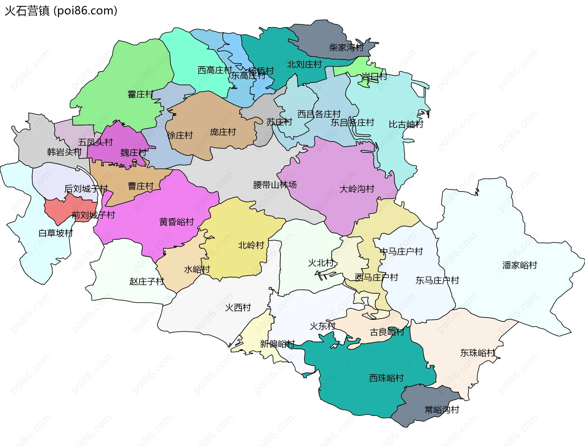 火石营镇边界地图(五级行政区划)