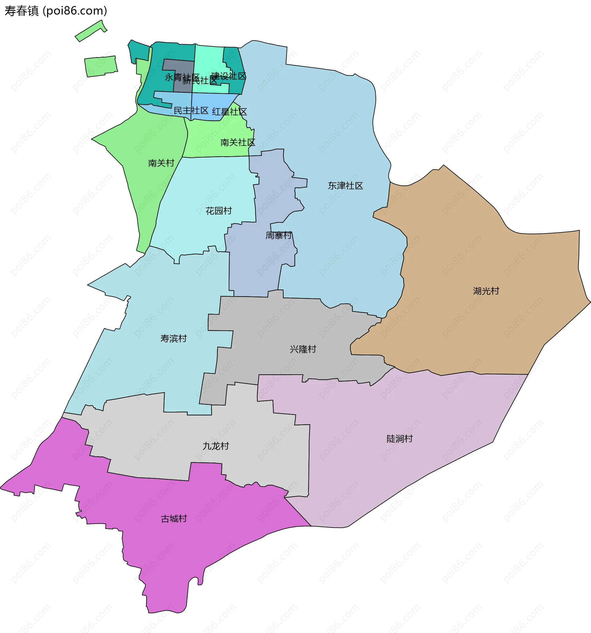 寿春镇边界地图(五级行政区划)