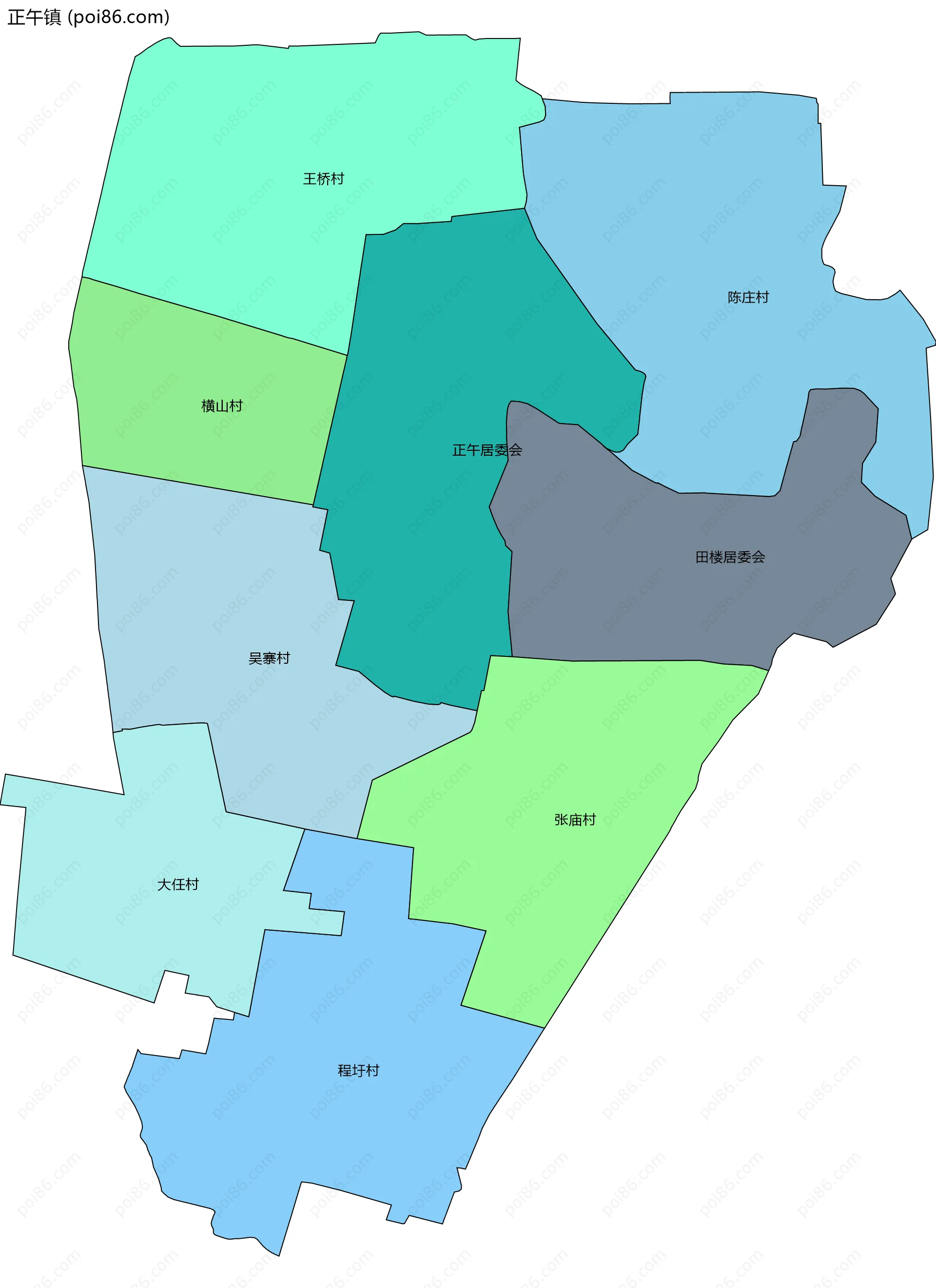 正午镇边界地图(五级行政区划)