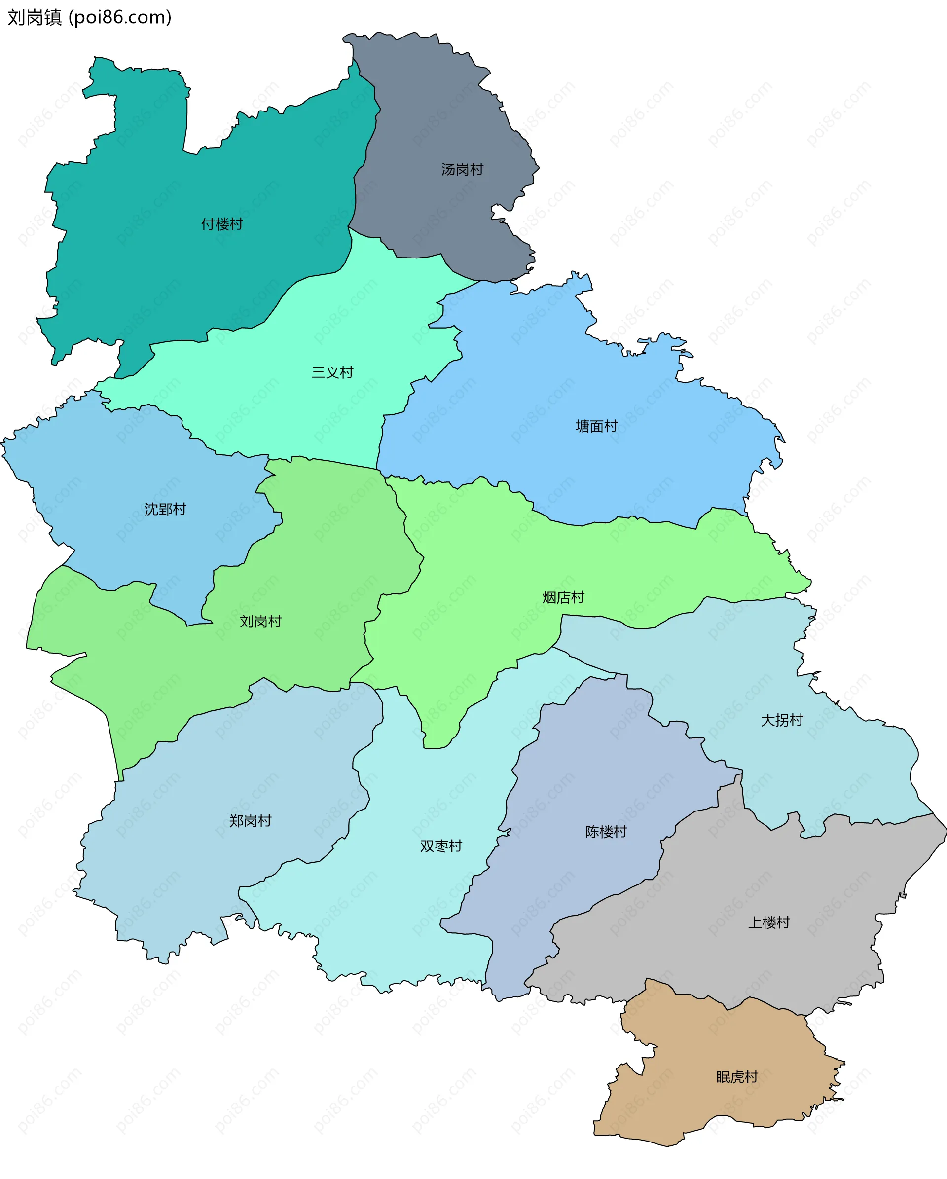 刘岗镇边界地图(五级行政区划)