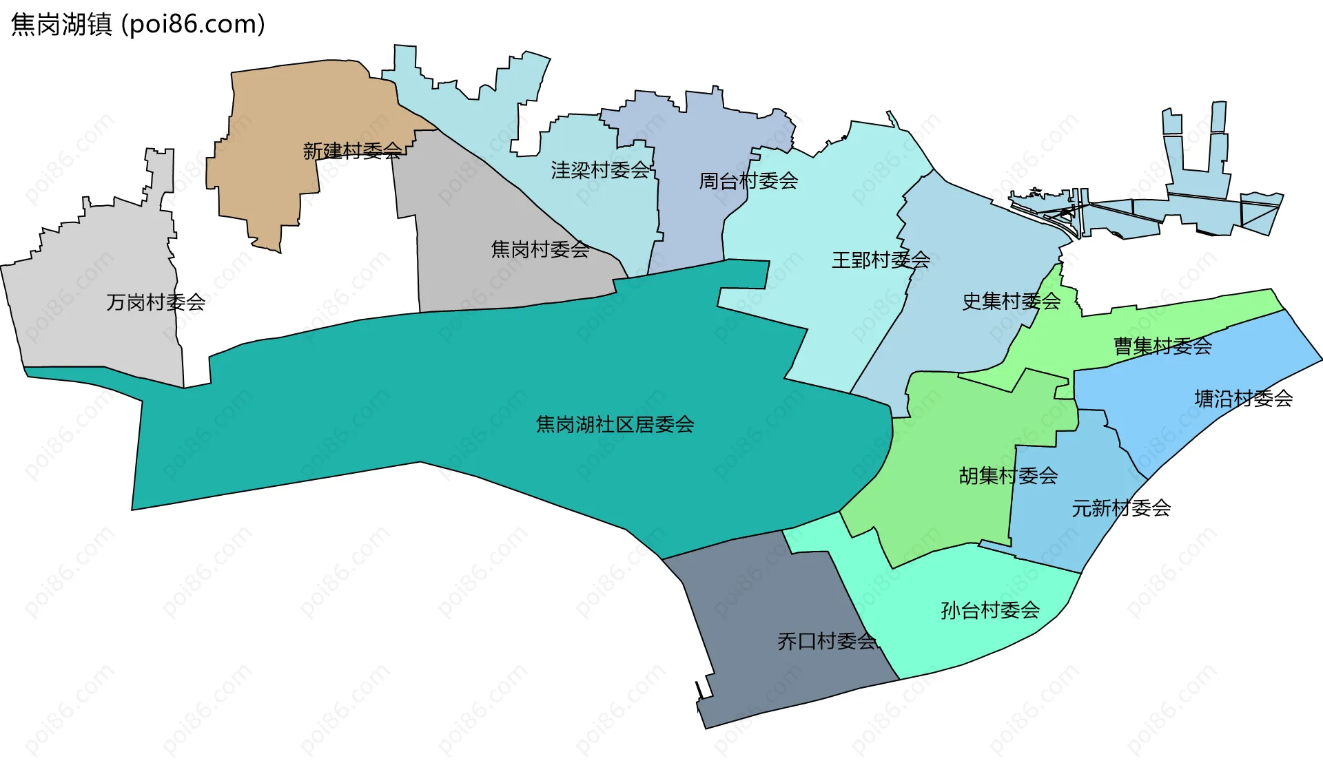 焦岗湖镇边界地图(五级行政区划)