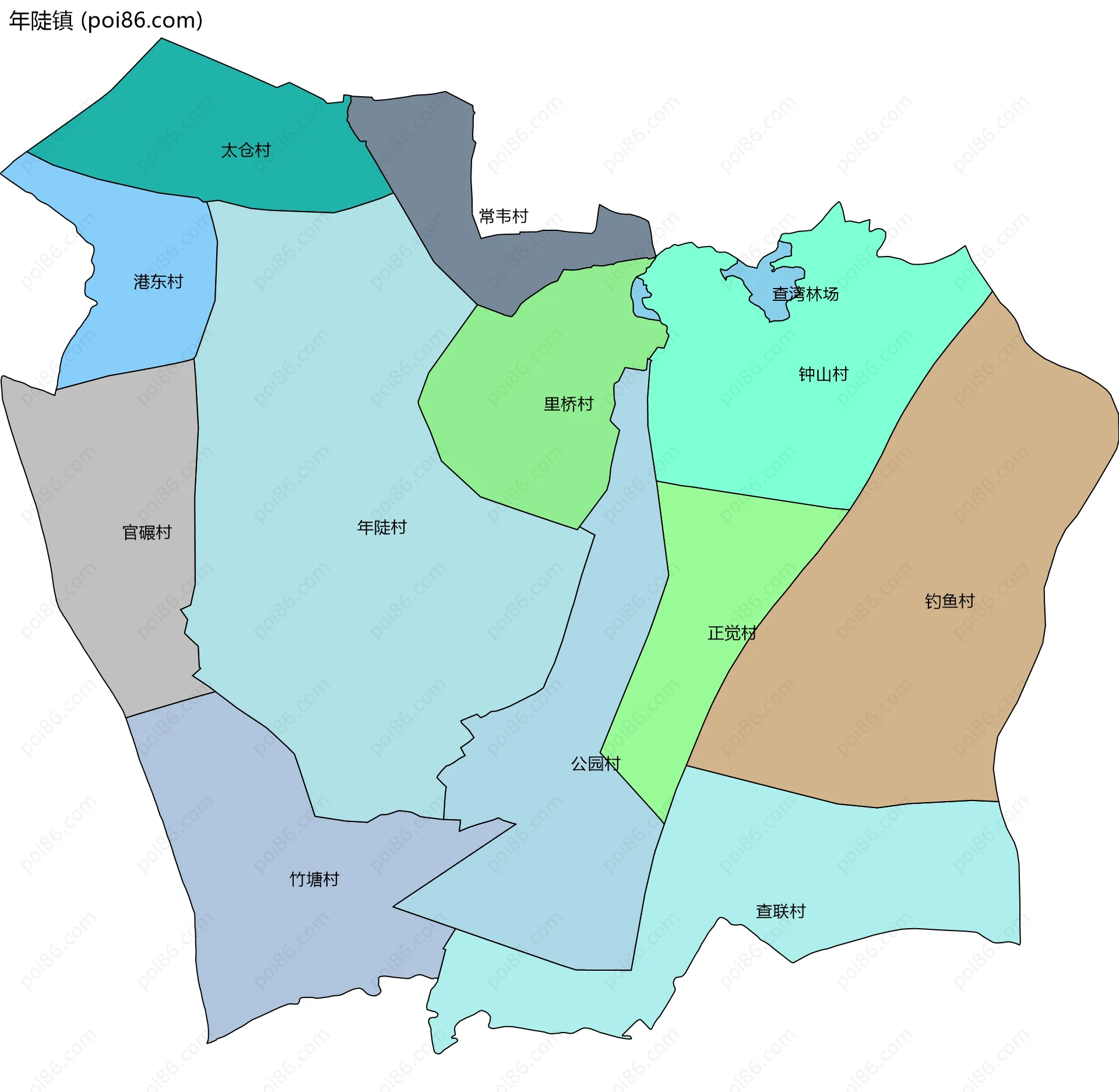 年陡镇边界地图(五级行政区划)