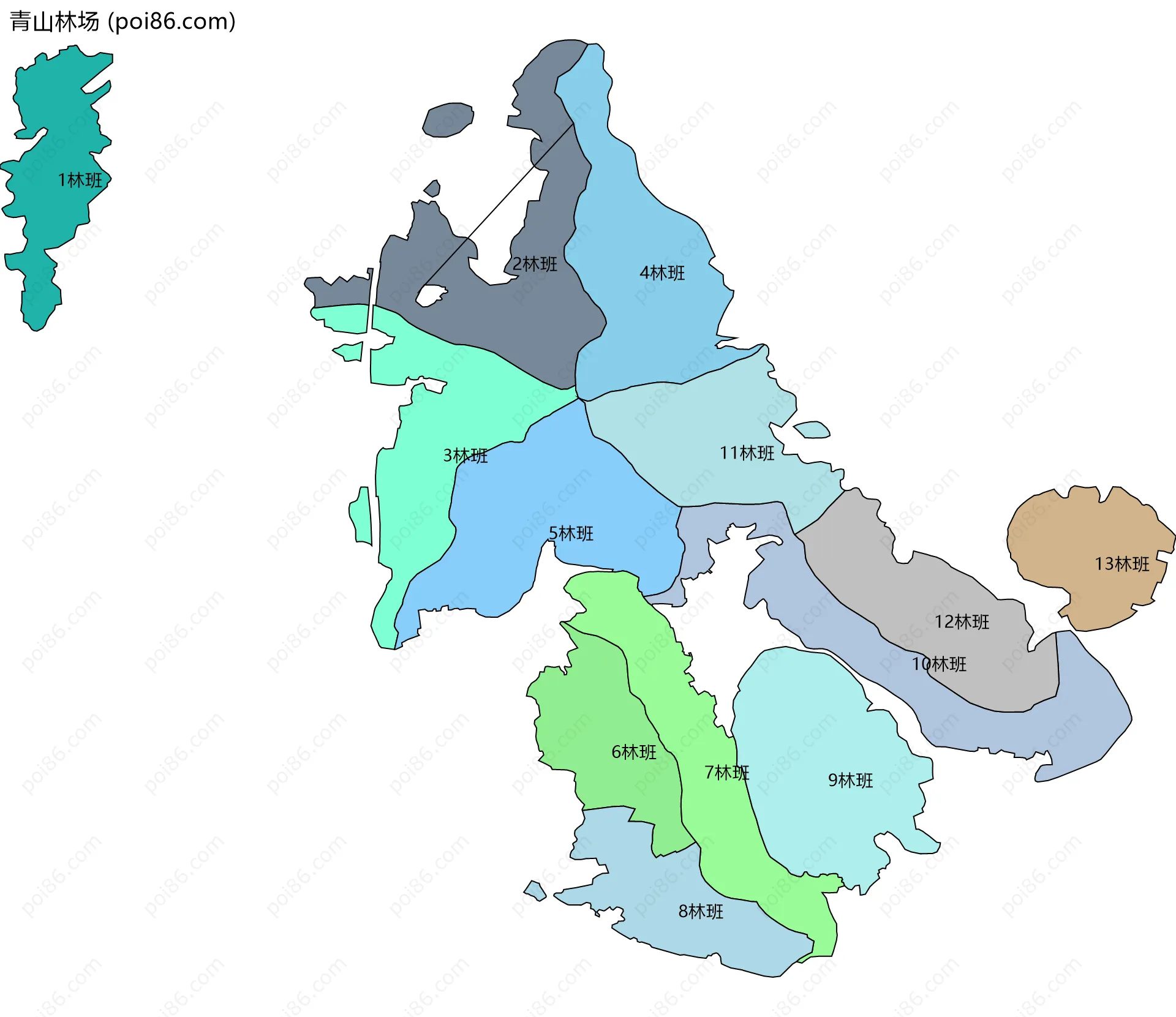 青山林场边界地图(五级行政区划)