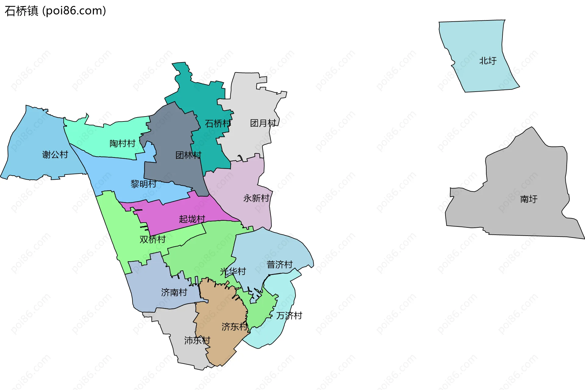 石桥镇边界地图(五级行政区划)