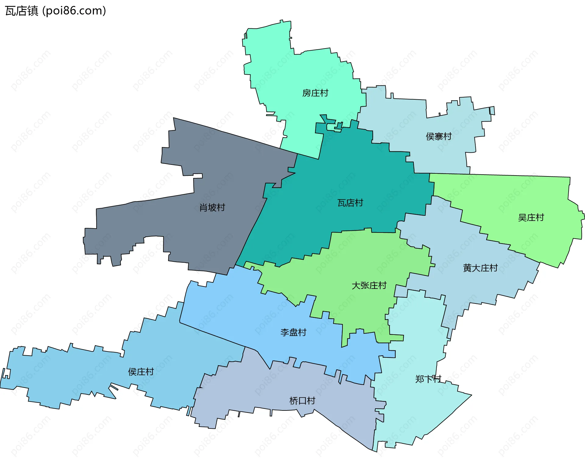 瓦店镇边界地图(五级行政区划)