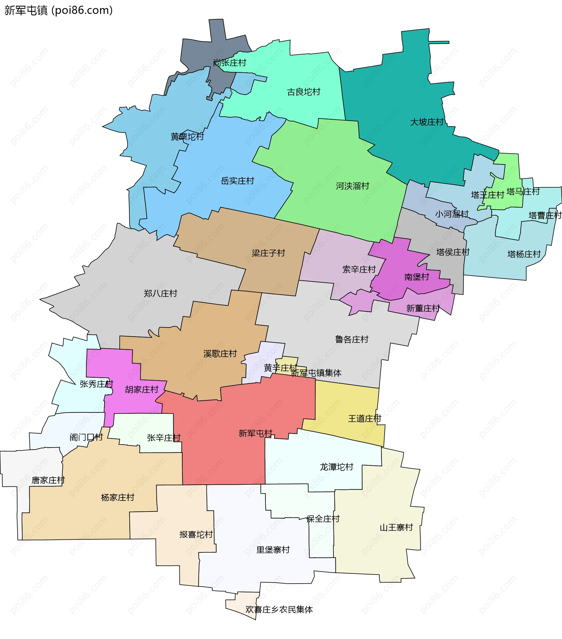 新军屯镇边界地图(五级行政区划)