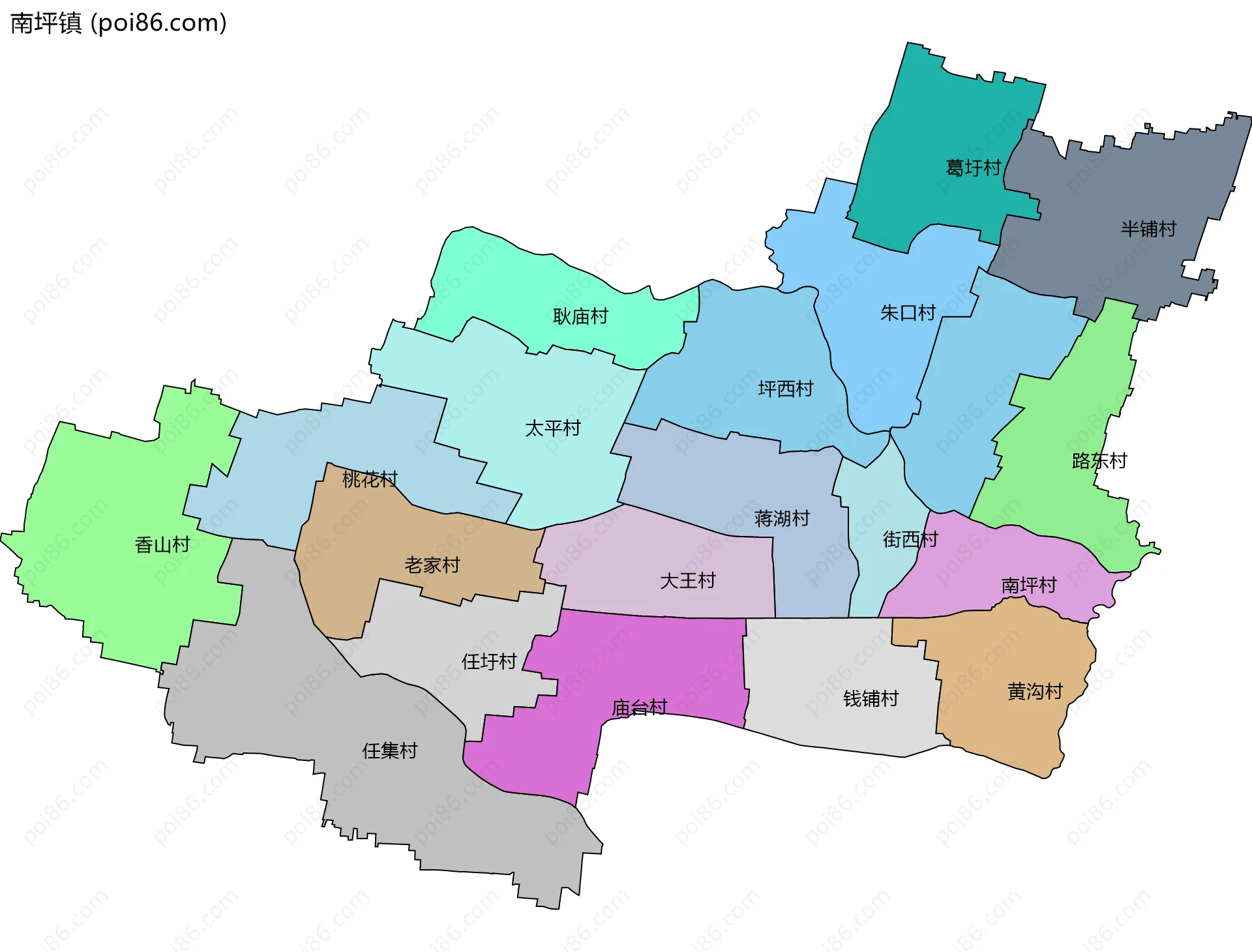 南坪镇边界地图(五级行政区划)