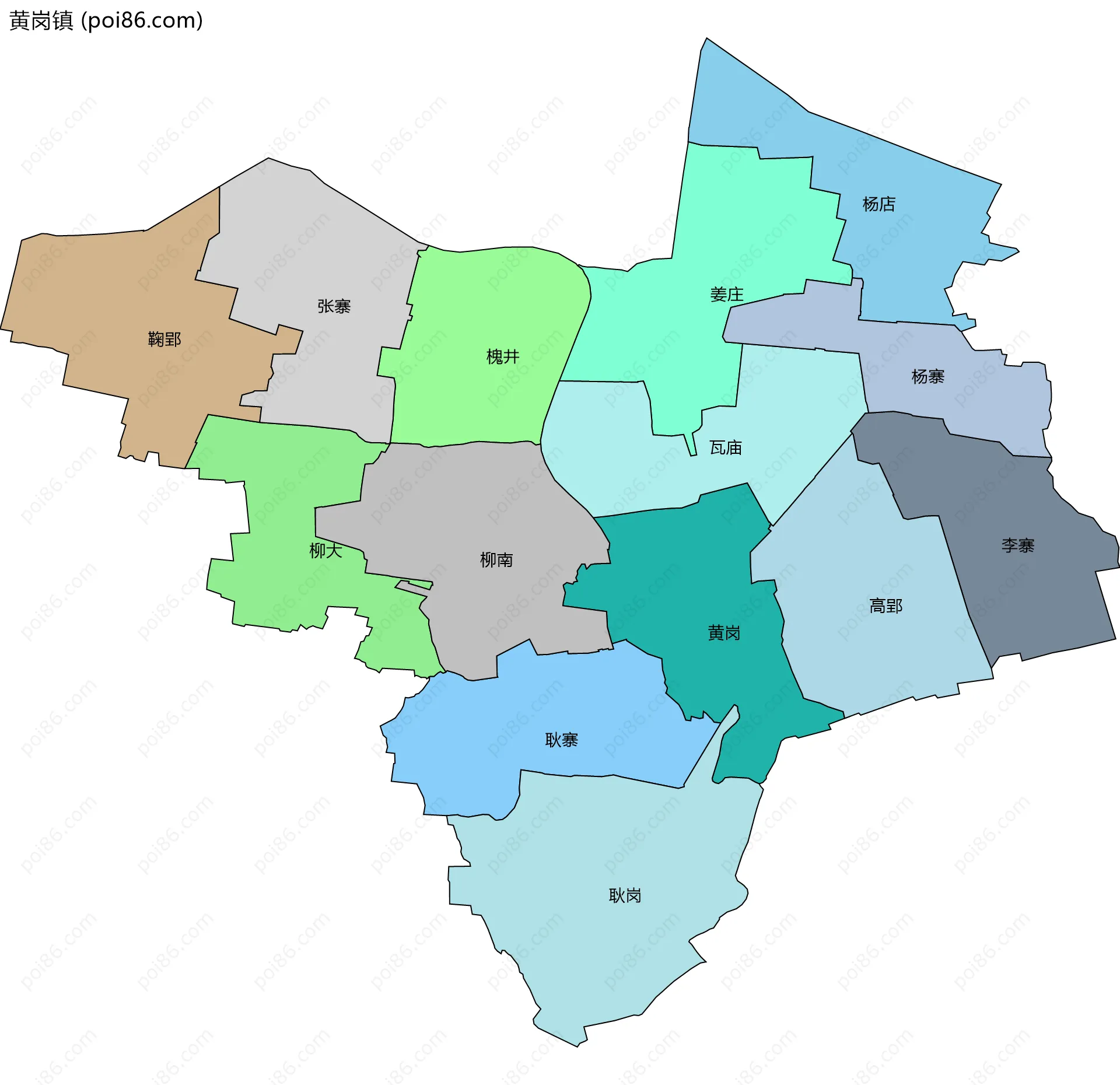黄岗镇边界地图(五级行政区划)