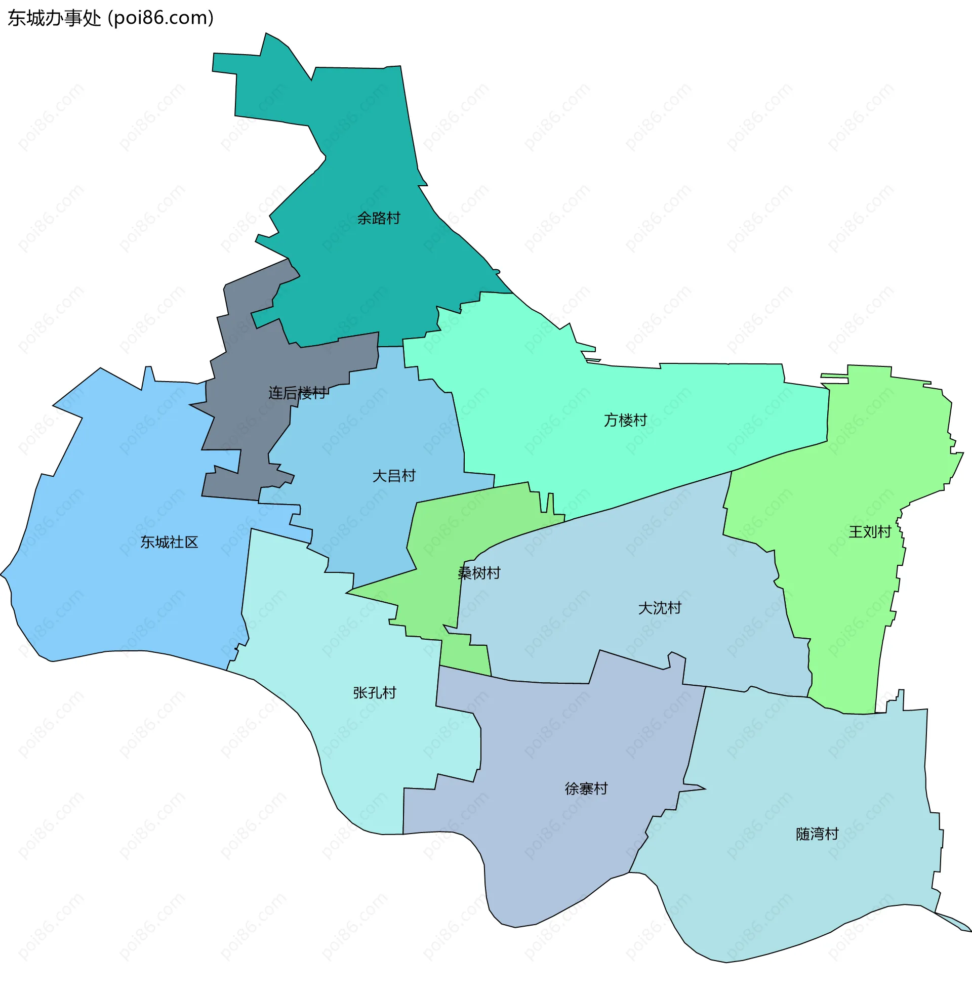 东城办事处边界地图(五级行政区划)