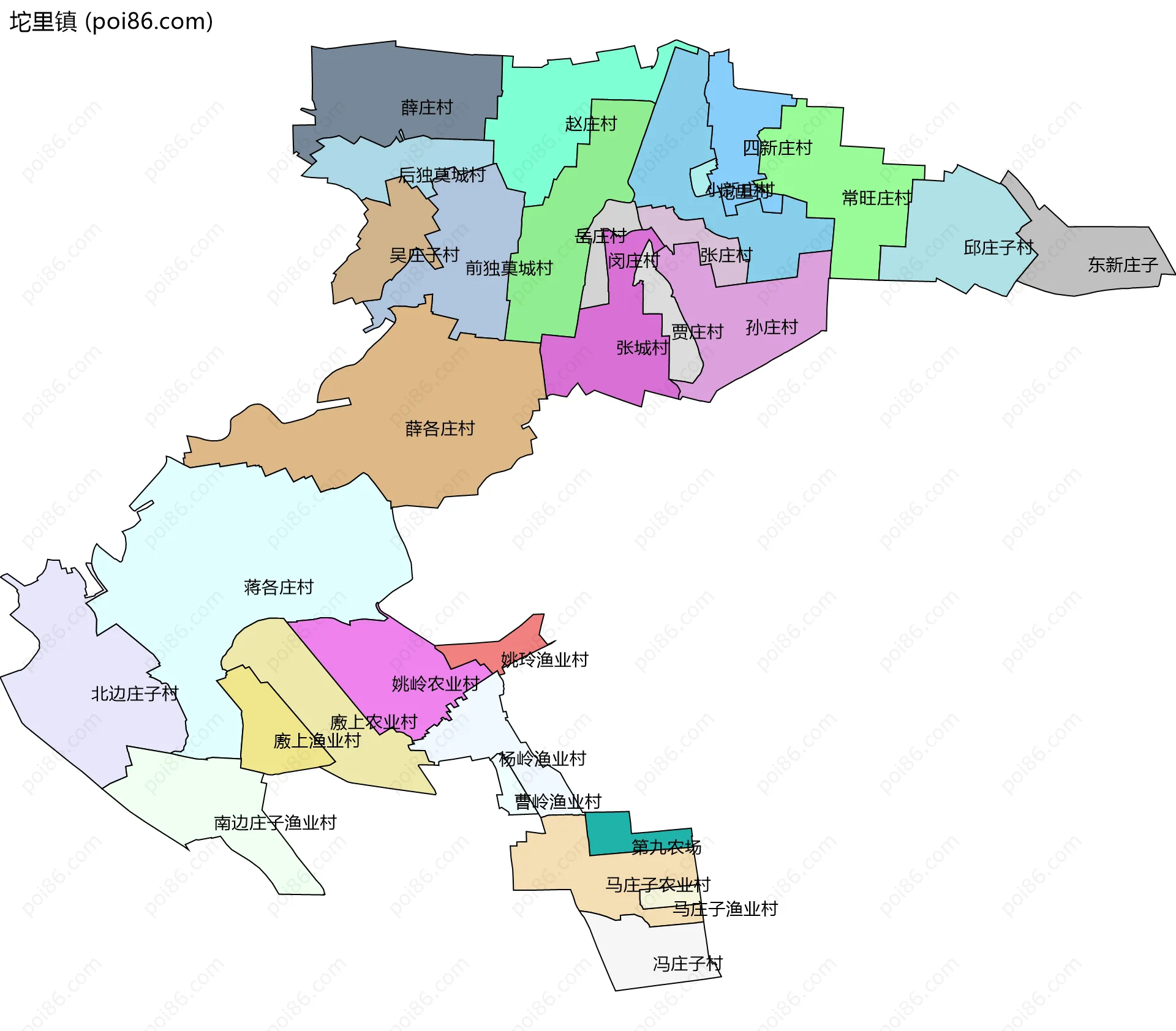 坨里镇边界地图(五级行政区划)