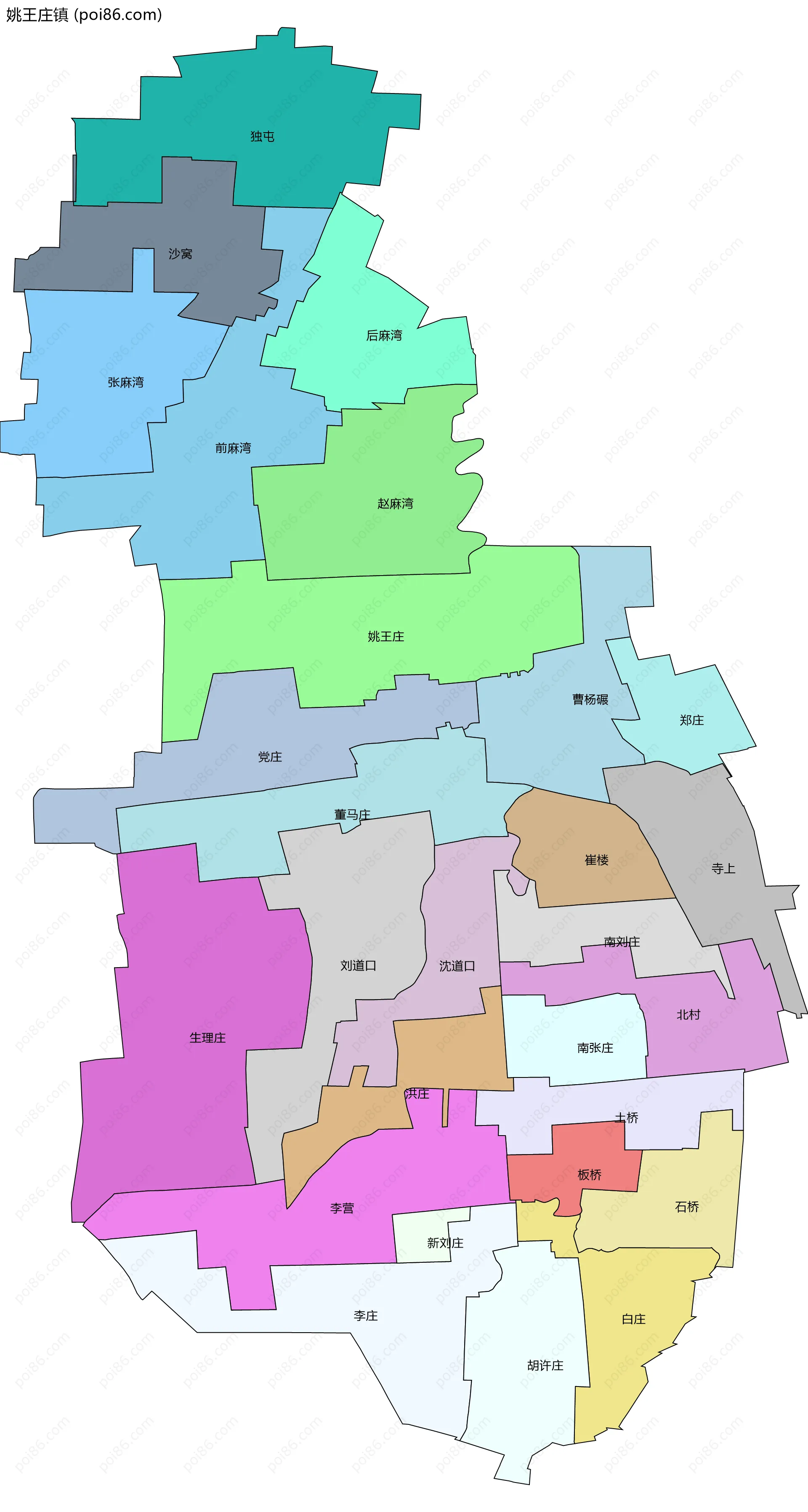 姚王庄镇边界地图(五级行政区划)