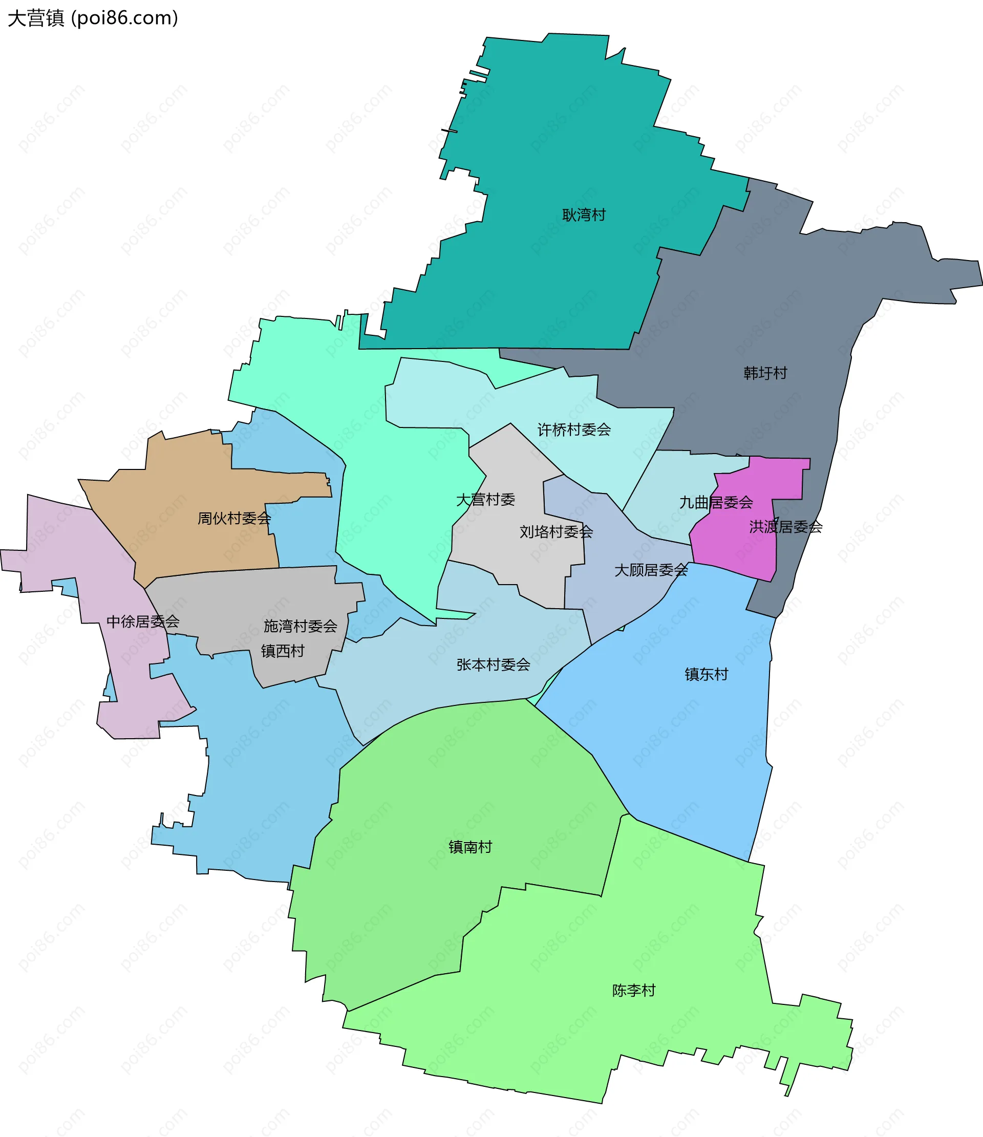 大营镇边界地图(五级行政区划)