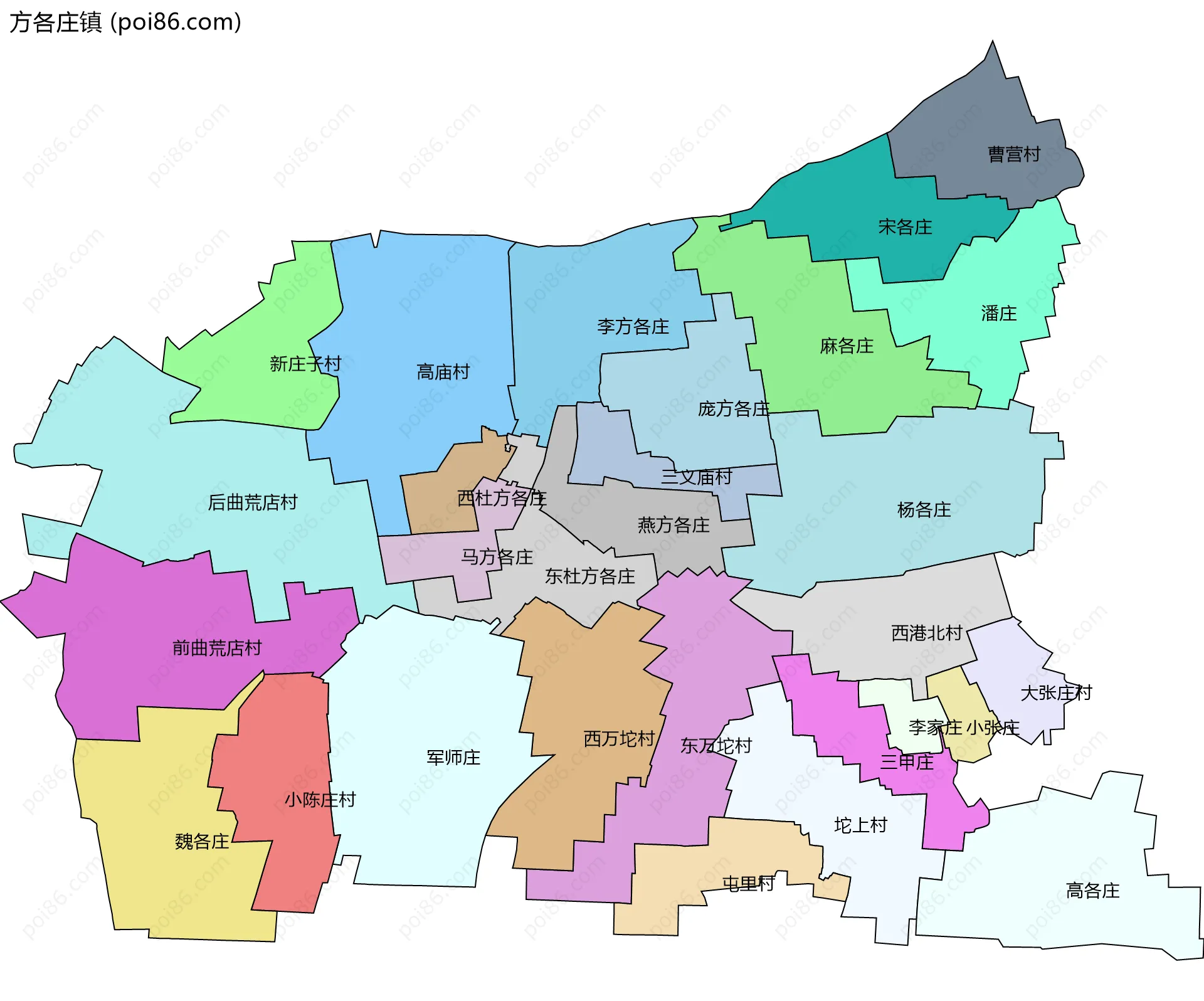 方各庄镇边界地图(五级行政区划)