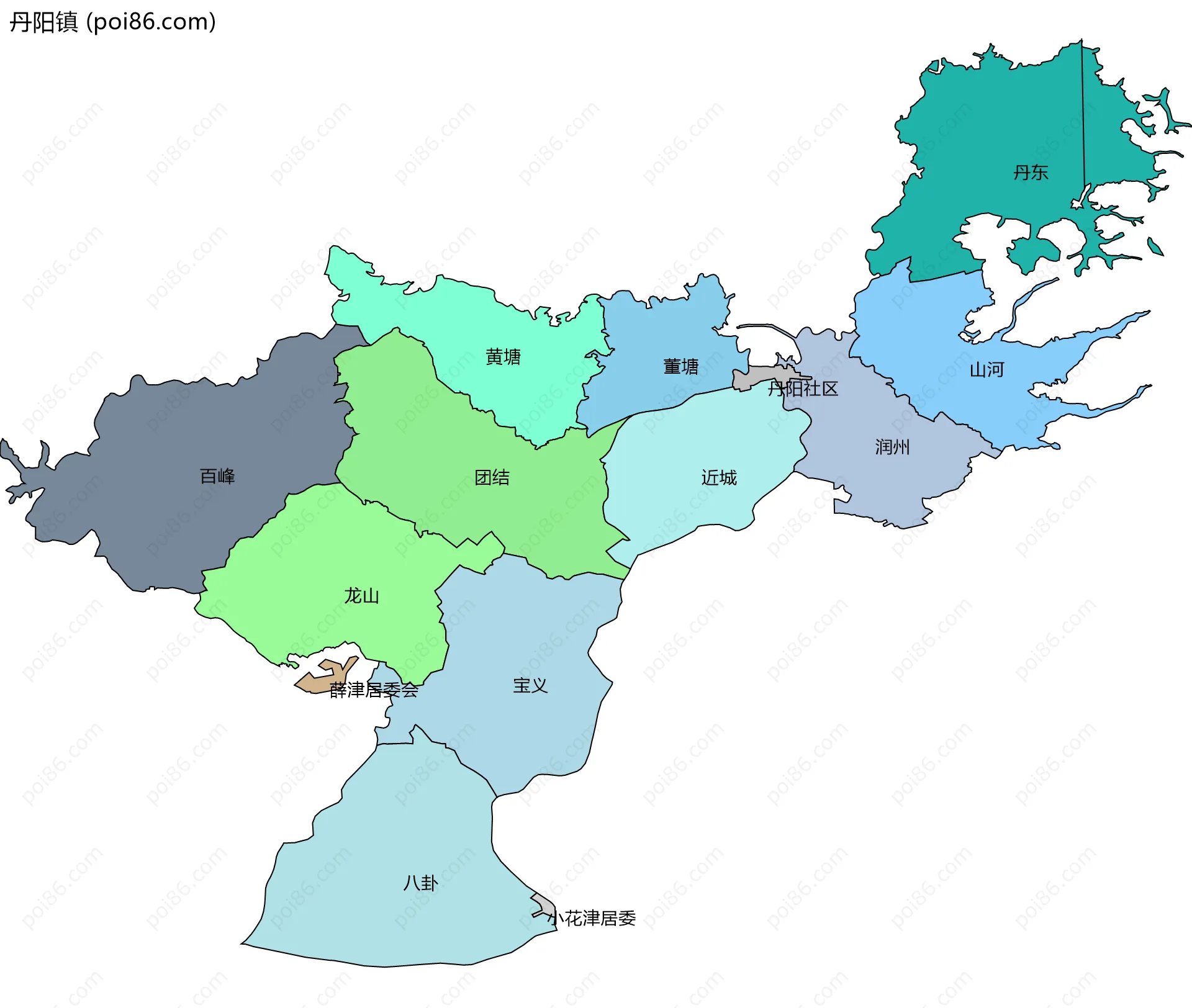 丹阳镇边界地图(五级行政区划)