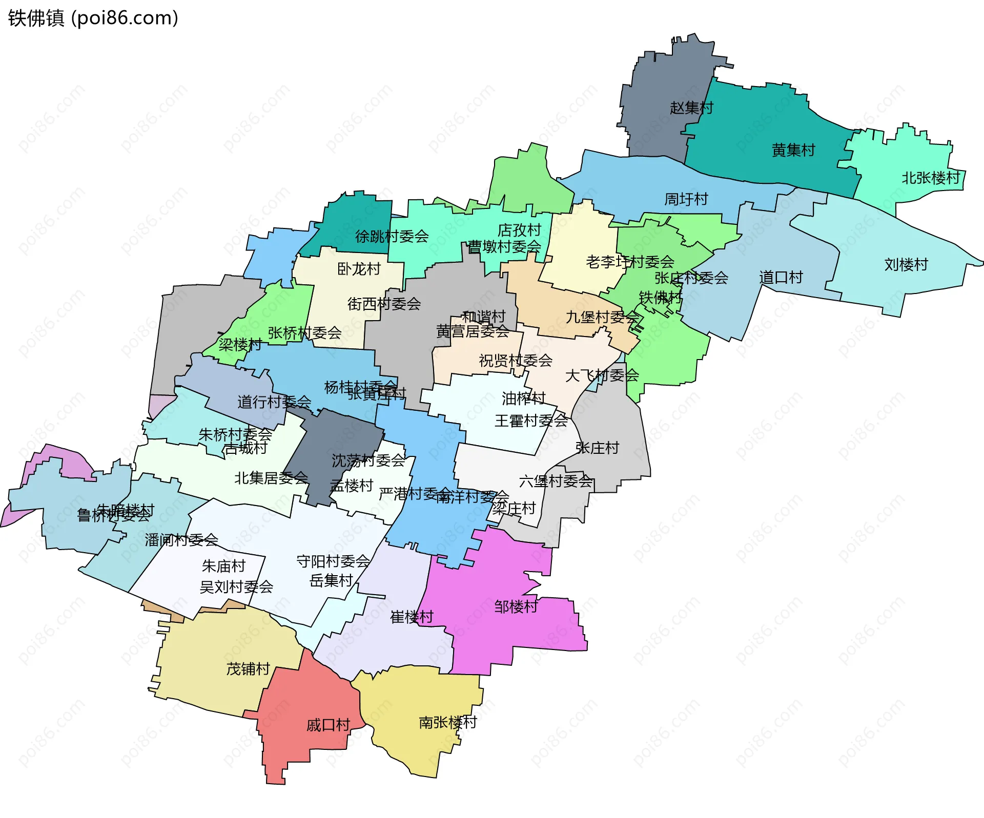 铁佛镇边界地图(五级行政区划)