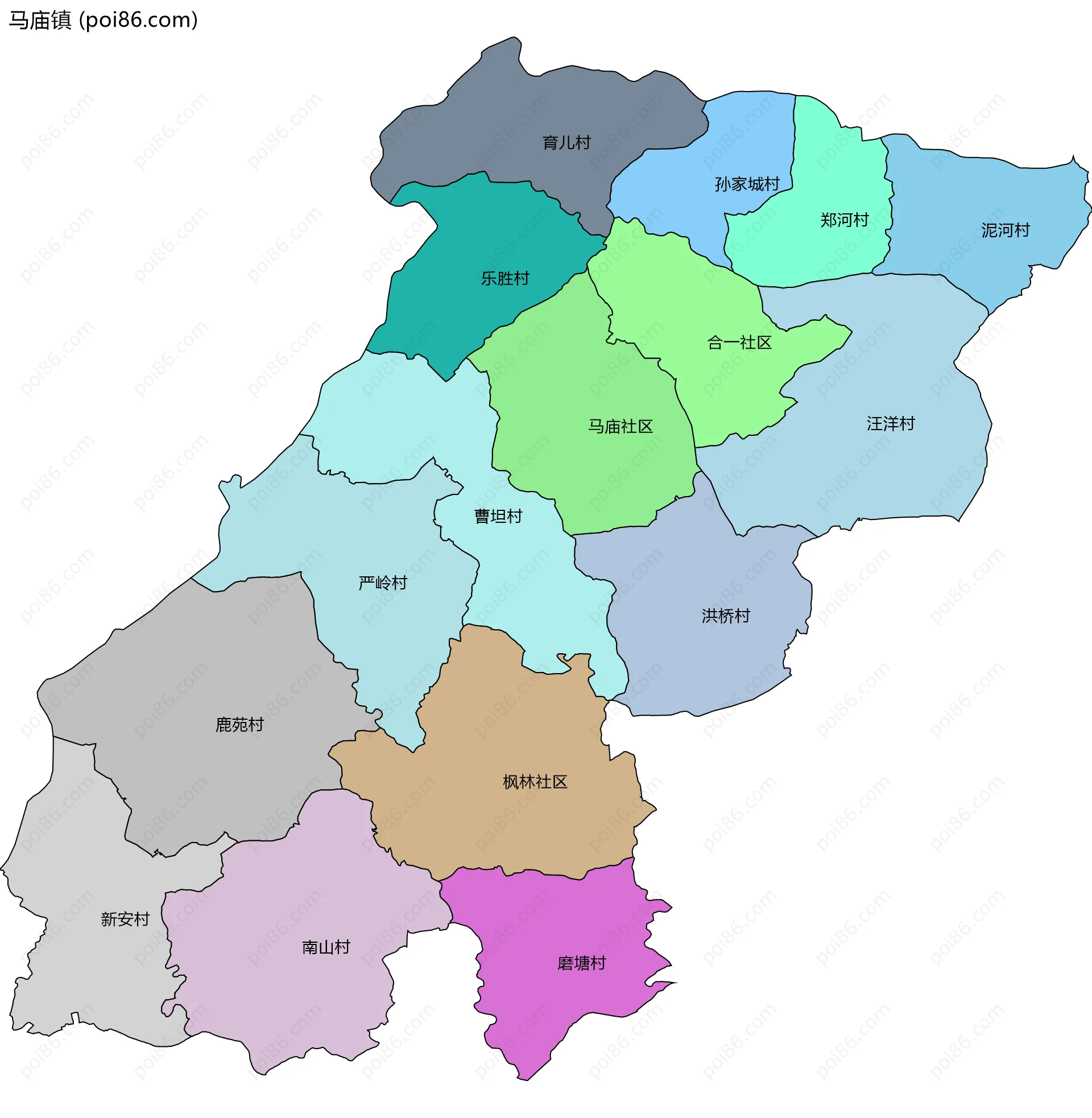 马庙镇边界地图(五级行政区划)