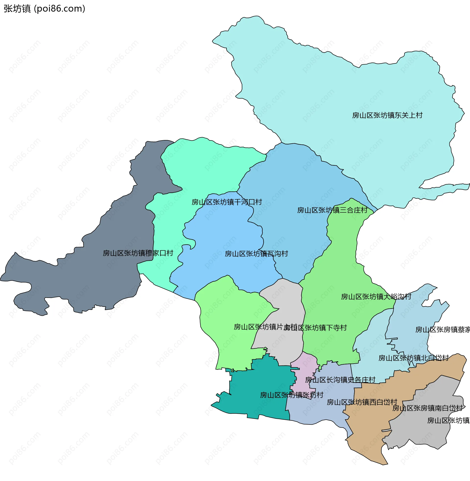 张坊镇边界地图(五级行政区划)