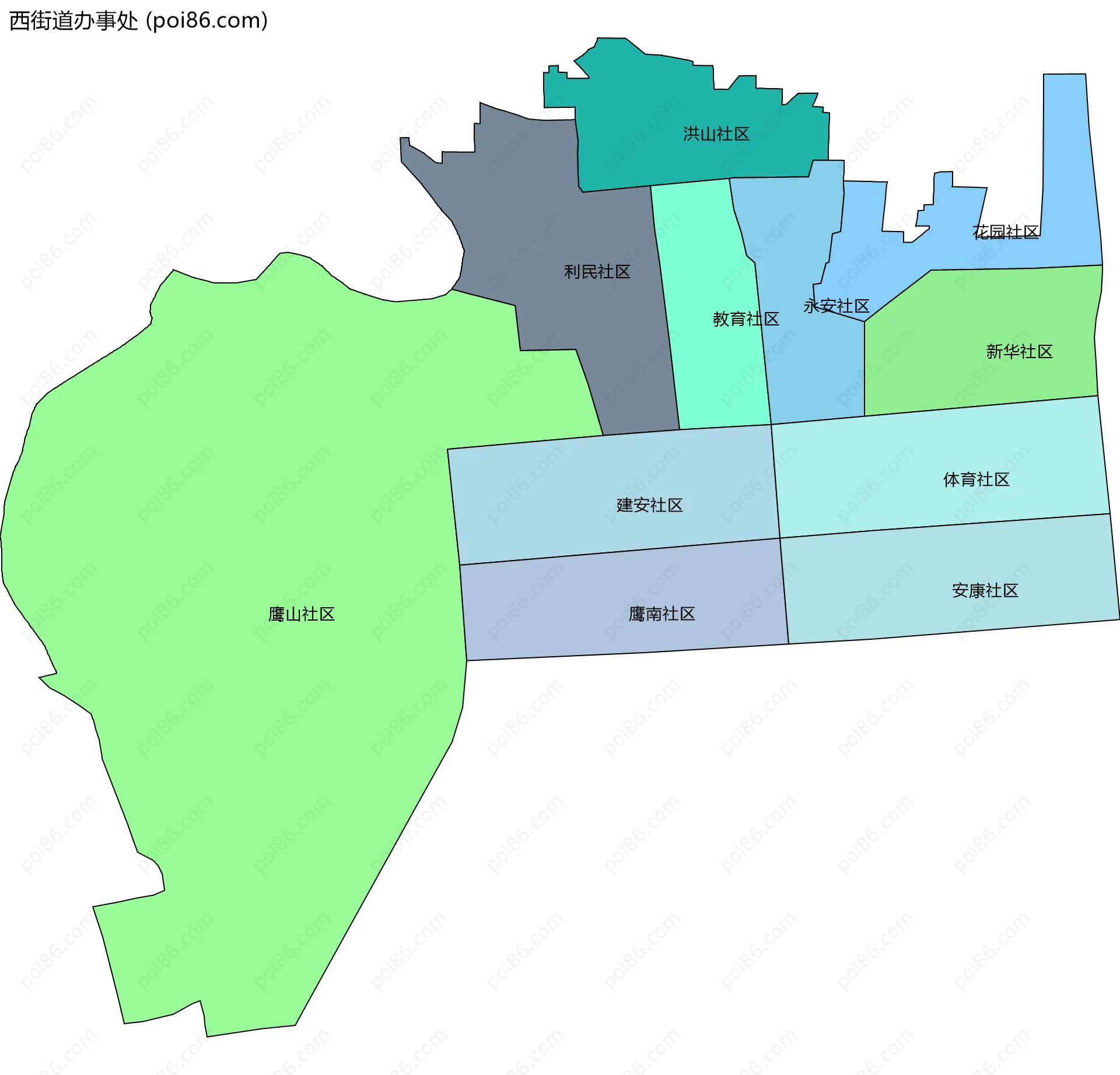 西街道办事处边界地图(五级行政区划)