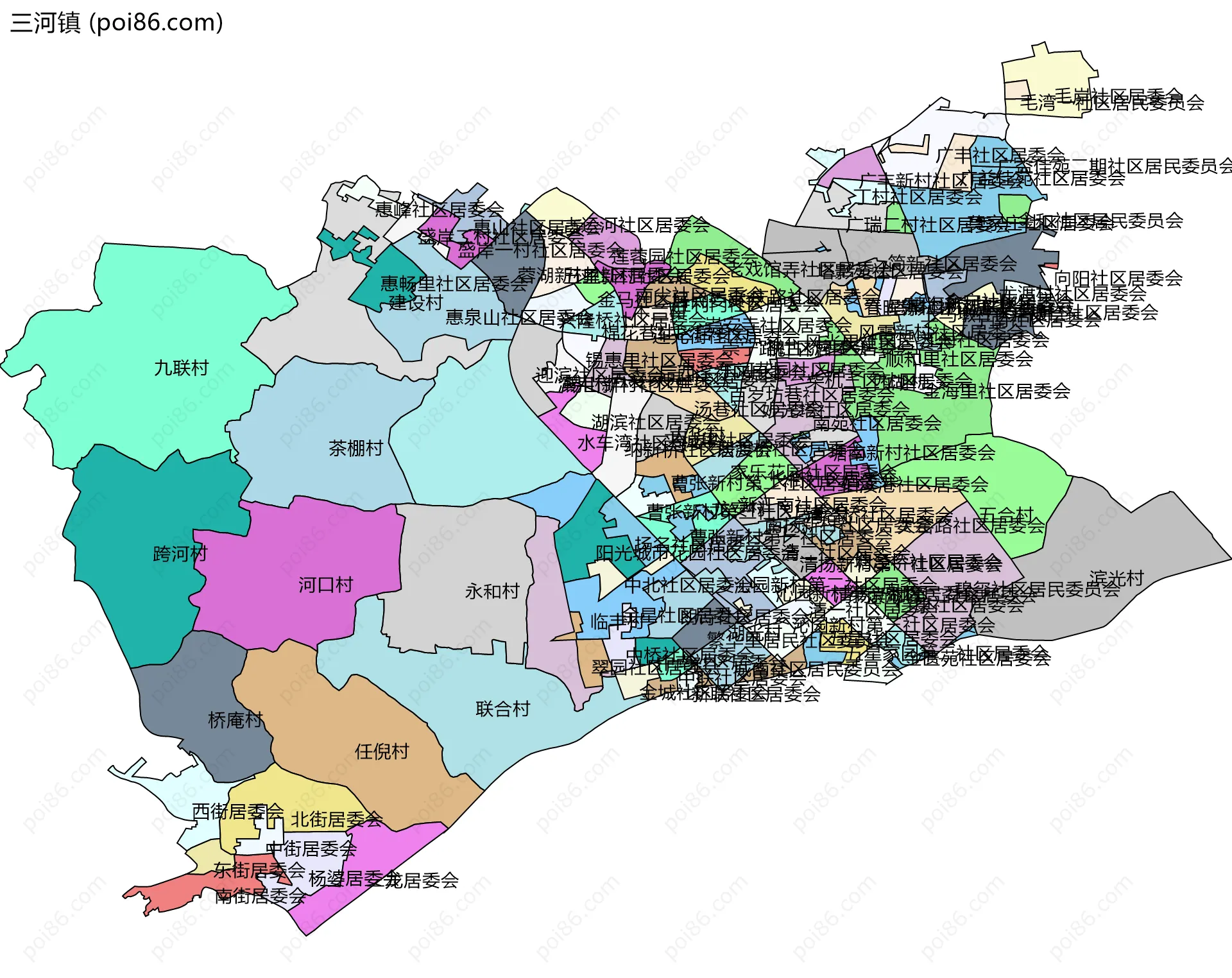 三河镇边界地图(五级行政区划)
