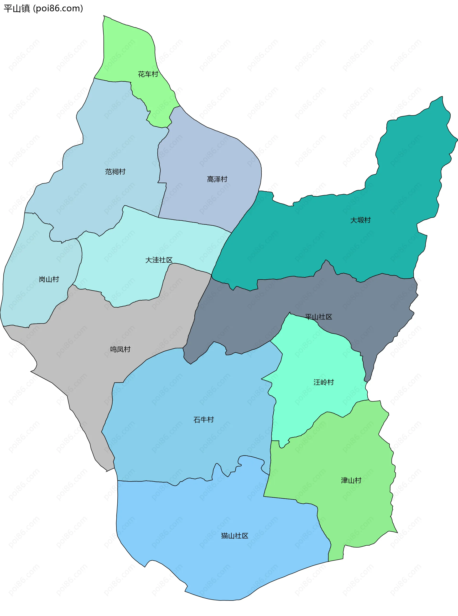 平山镇边界地图(五级行政区划)